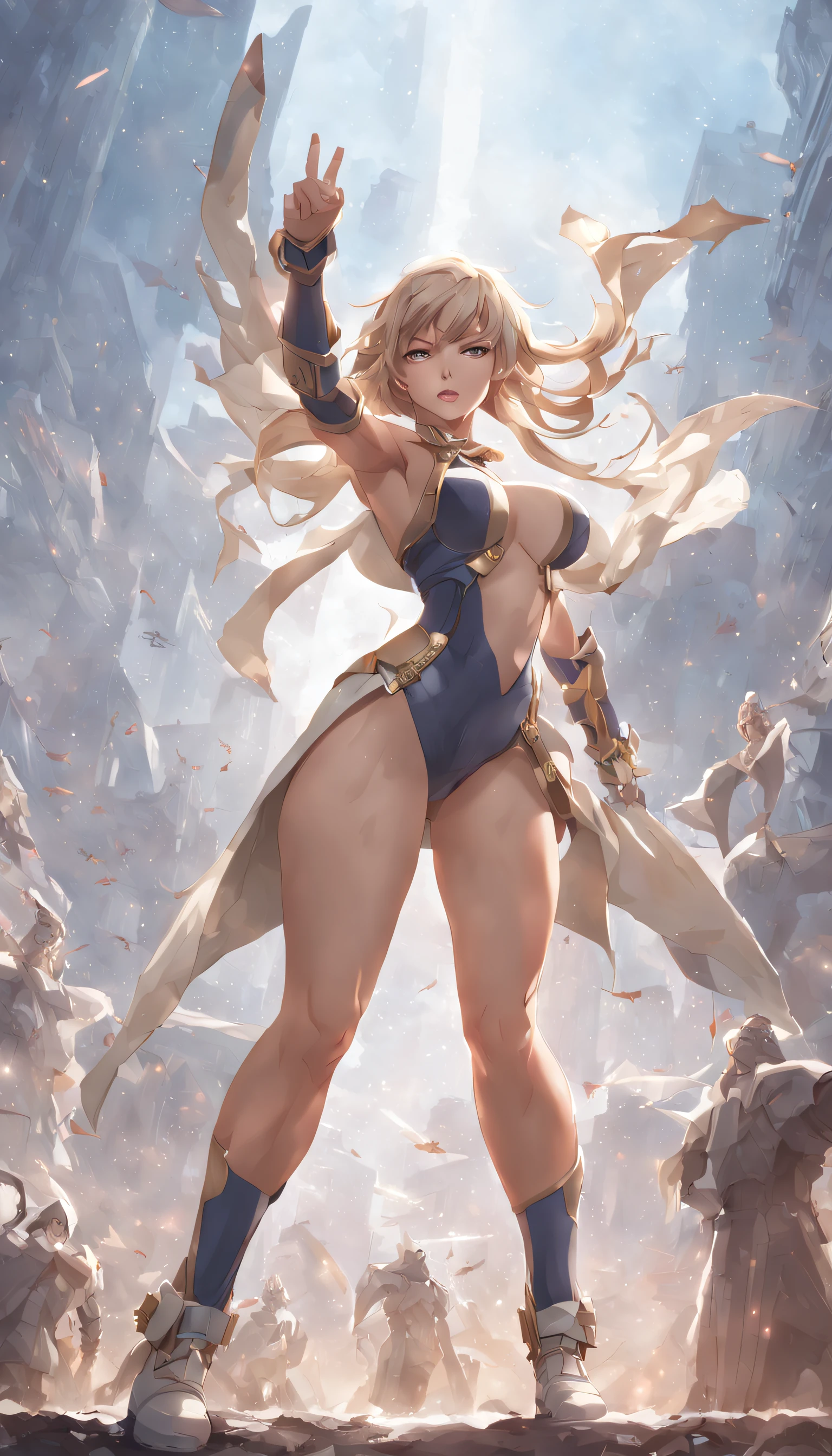 Cinematic scenes, View of heroes, 1 busty girl, actionpose, detailedbackground, tmasterpiece, Best quality, high high quality, A high resolution, Ridiculous resources