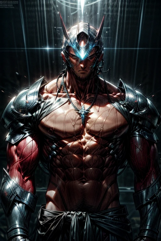 1boy, muscular fit man with ((bare chest)) and big muscles, science fiction armor, science fiction helmet, chains, abstract explosion background, sweating heavily, musculature, necklace, raining. Big pecs, washboard abs, tan skin or fair skin, sweating. Skin visible.