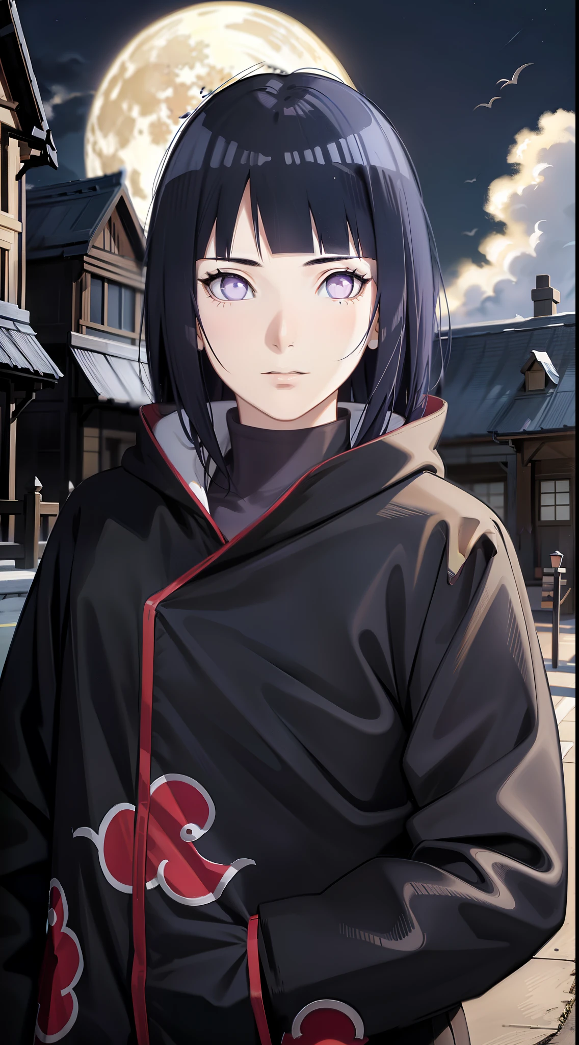 (masterpiece), (best quality), ultra high res, professional artwork, ultra detailed, intricate, detailed face, perfect lighting, 1girl, dark blue hair, (purple eyes), AKATSUKI OUTFIT, ninja, black cloak, black coat, high collar, collarbone, head, night, night sky, crescent moon, red moon, outdoors, (cowboy shot, far shot), blunt bangs, dark blue hair, long hair