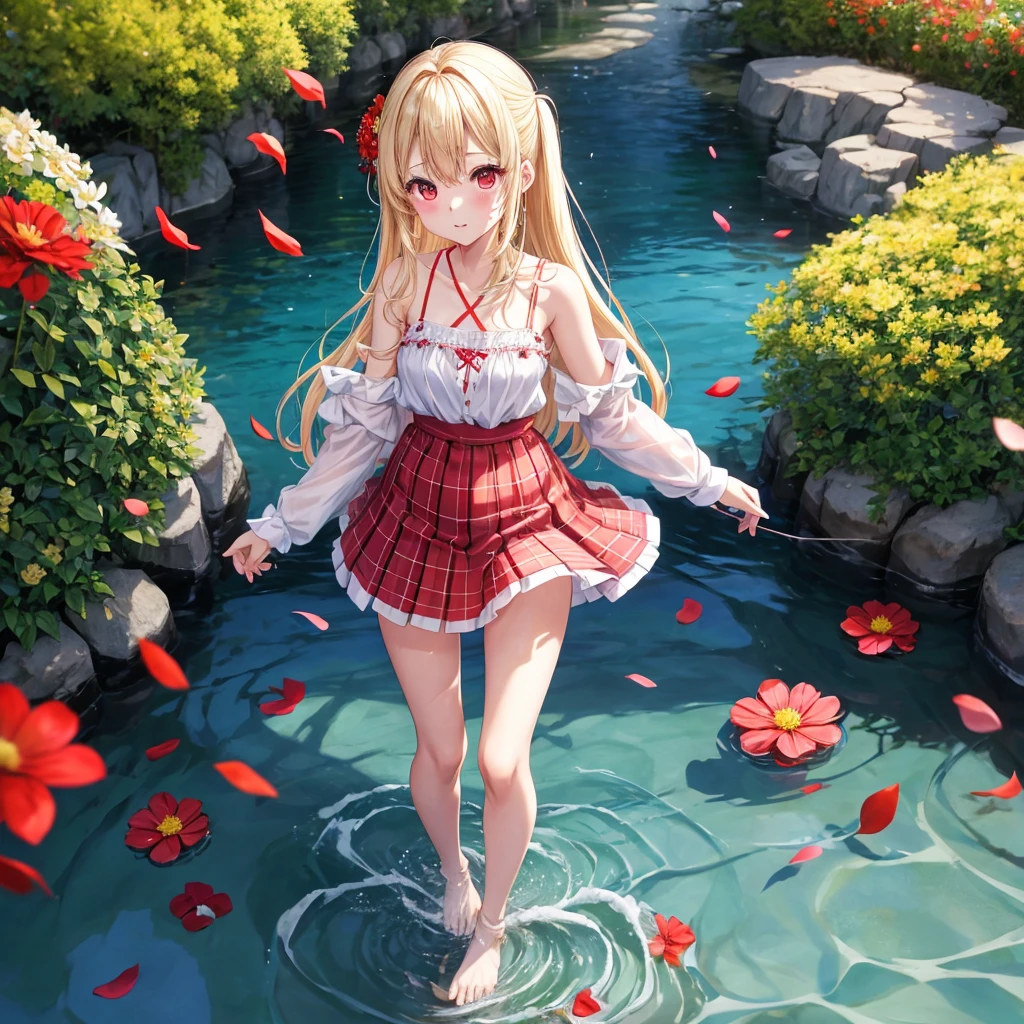 a blond、red eyes、1 pretty girl、animesque、lightly dressed、Plaid miniskirt、flower petals、bare-legged、wetting hair、Camisole-wearing、rainbows、Kick the water、tightrope walking、Yukichi Fukuzawa