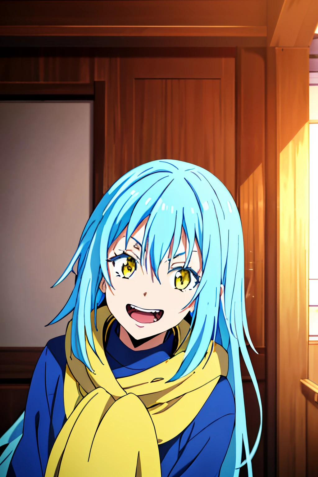 masutepiece, Best Quality, Game CG, 1boy, Solo, Male Focus, Looking at Viewer, Upper body, depth of fields, rimuru_Tempest, Blue hair, Yellow eyes, Long hair、great laughter、teeth showing