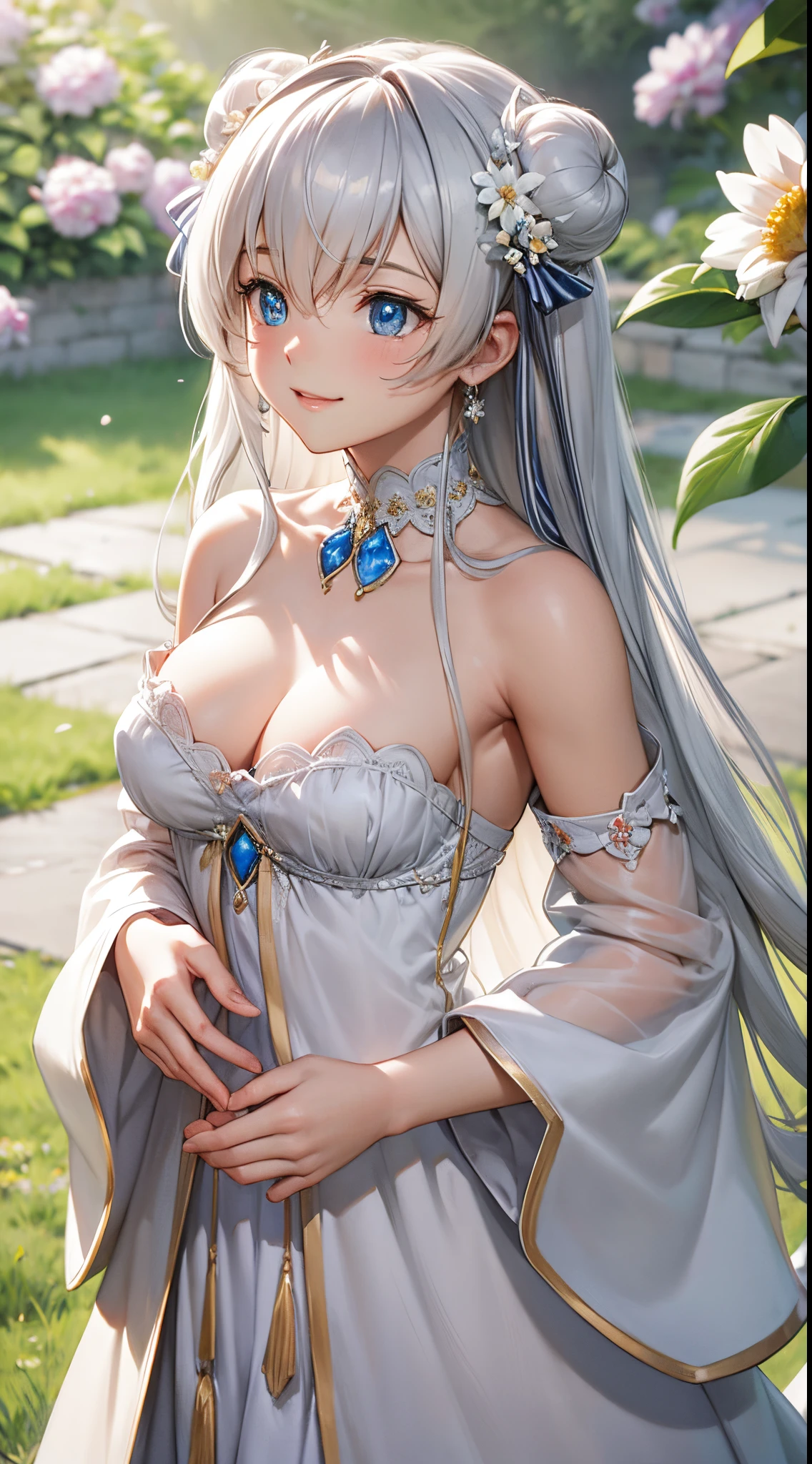 best quality,highres,ultra-detailed,realistic,photorealistic:1.37,portrait, intricate white long dress, ((modest dress)), standing,flowers field,silver long hair,bun hair,smiling woman,close up to abs, ((moderate breast)), beautiful detailed eyes,beautiful detailed lips,flower petals on air,bare shoulders,vivid colors,studio lighting,soft sunlight, happy face, ((cleavages:1.1))