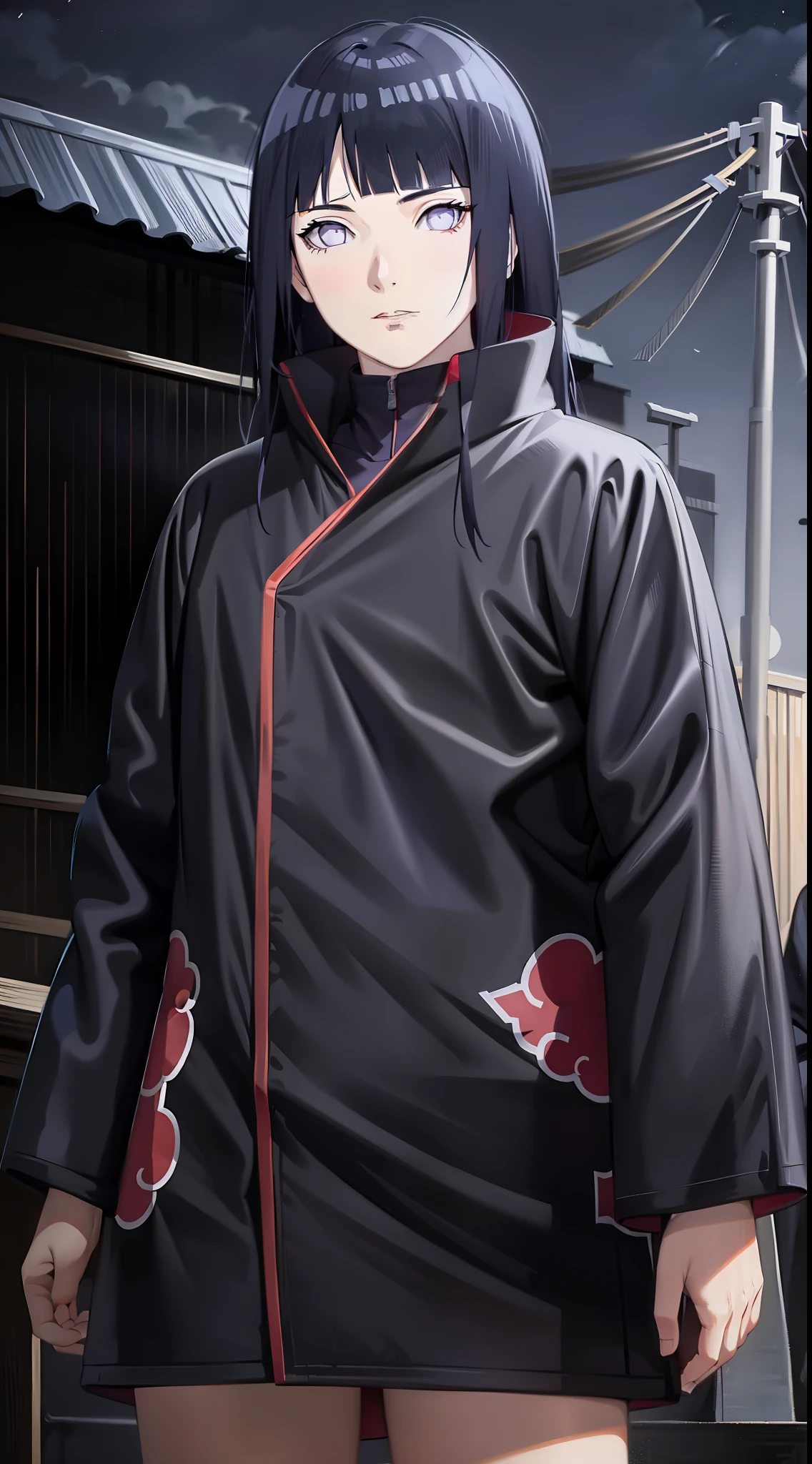 (masterpiece), (best quality), ultra high res, professional artwork, ultra detailed, intricate, detailed face, perfect lighting, 1girl, dark blue hair, (purple eyes), AKATSUKI OUTFIT, ninja, black cloak, black coat, high collar, collarbone, head, night, night sky, crescent moon, red moon, outdoors, (cowboy shot, far shot), blunt bangs, dark blue hair, long hair