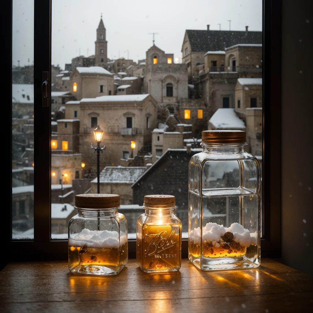 (An intricate mini-town of Matera tucked inside a square glass jar with lid, placing on the windowsill), Realism, film grain, super detail, on a desk, it's snowing in the jar. 4k UHD, dark vibes, hyper detailed, vibrant colors, epic composition, octane render, sharp focus, high resolution isometric, macro photography in close-up