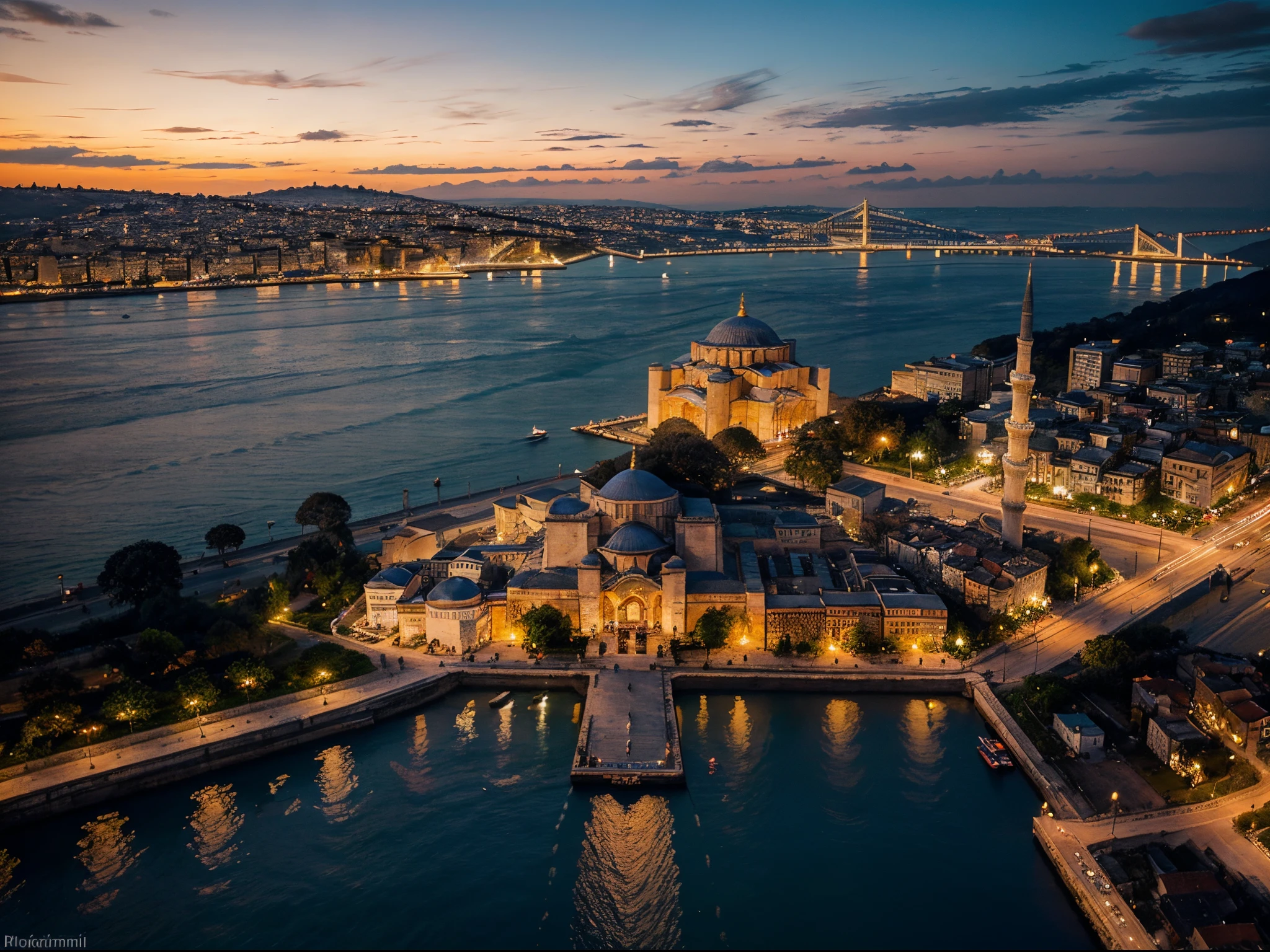 The Bosphorus Strait, Istanbul: Behold a breathtaking image capturing the enchanting beauty of the iconic Hagia Sophia, Blue Mosque, and the majestic strait that partitions Europe and Asia. This vibrant photograph showcases the mesmerizing architectural splendor of the renowned landmarks, inviting viewers to immerse themselves in this picturesque scene. The intricate detailing of the grand structures, highlighted with brilliant hues, is flawlessly captured, while the shimmering waters of the strait add an ethereal touch. The vivid composition and impeccable resolution of this high-quality photograph transport the audience into a world of architectural magnificence and geographical marvel.