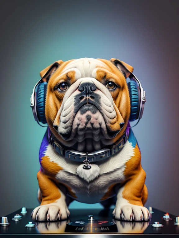 um cachorro bulldog english, 3D watercolor painting, DJ dog listening to music, DJ English Bulldog Breed Dog, complete image, High resolution, high contrast (フォトリアリスティック:1.5), (RAW photogr, 8k ultra high definition,