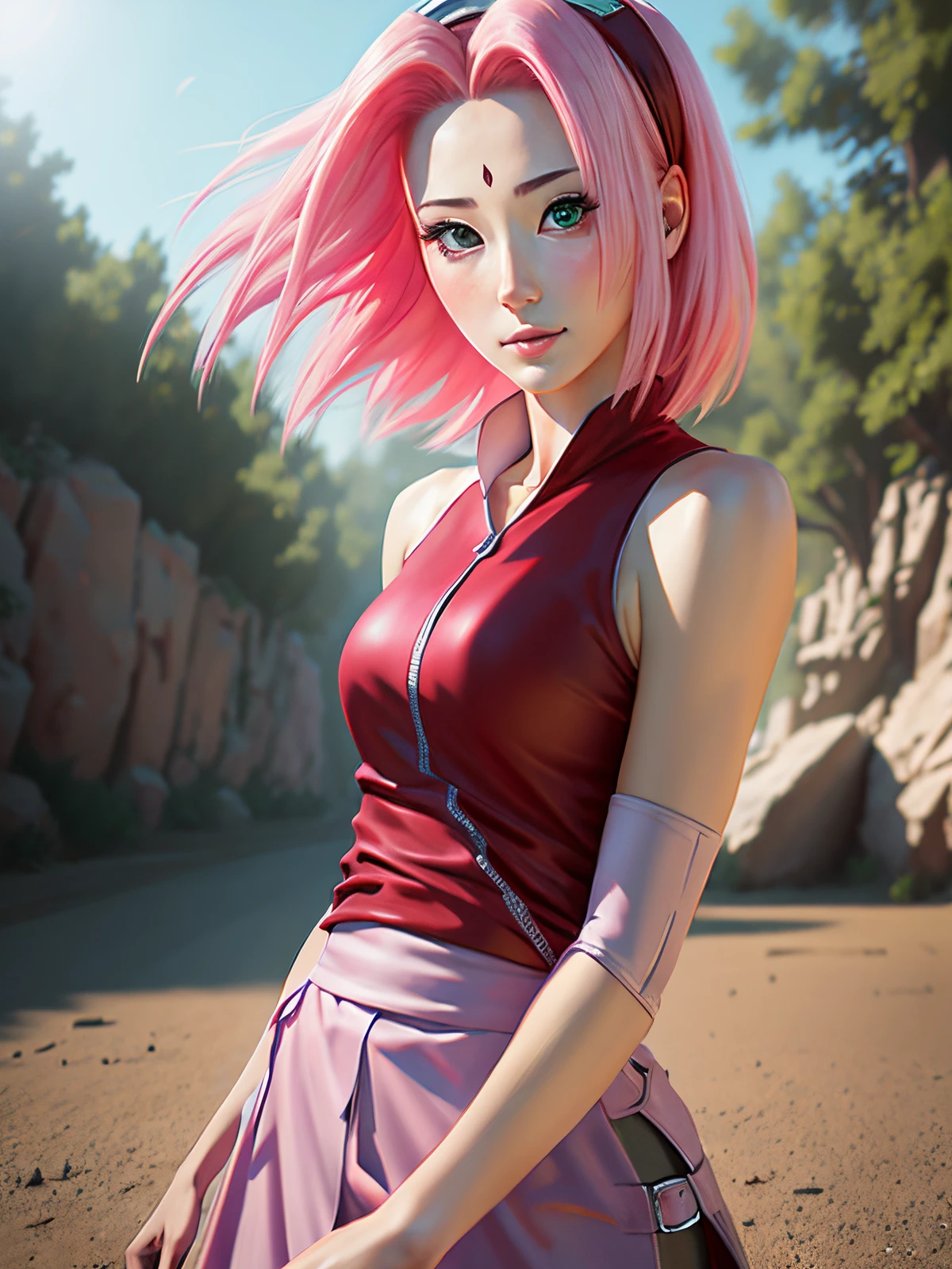 Sakura is beautiful and tall with short anime hair, super realistic and well detailed