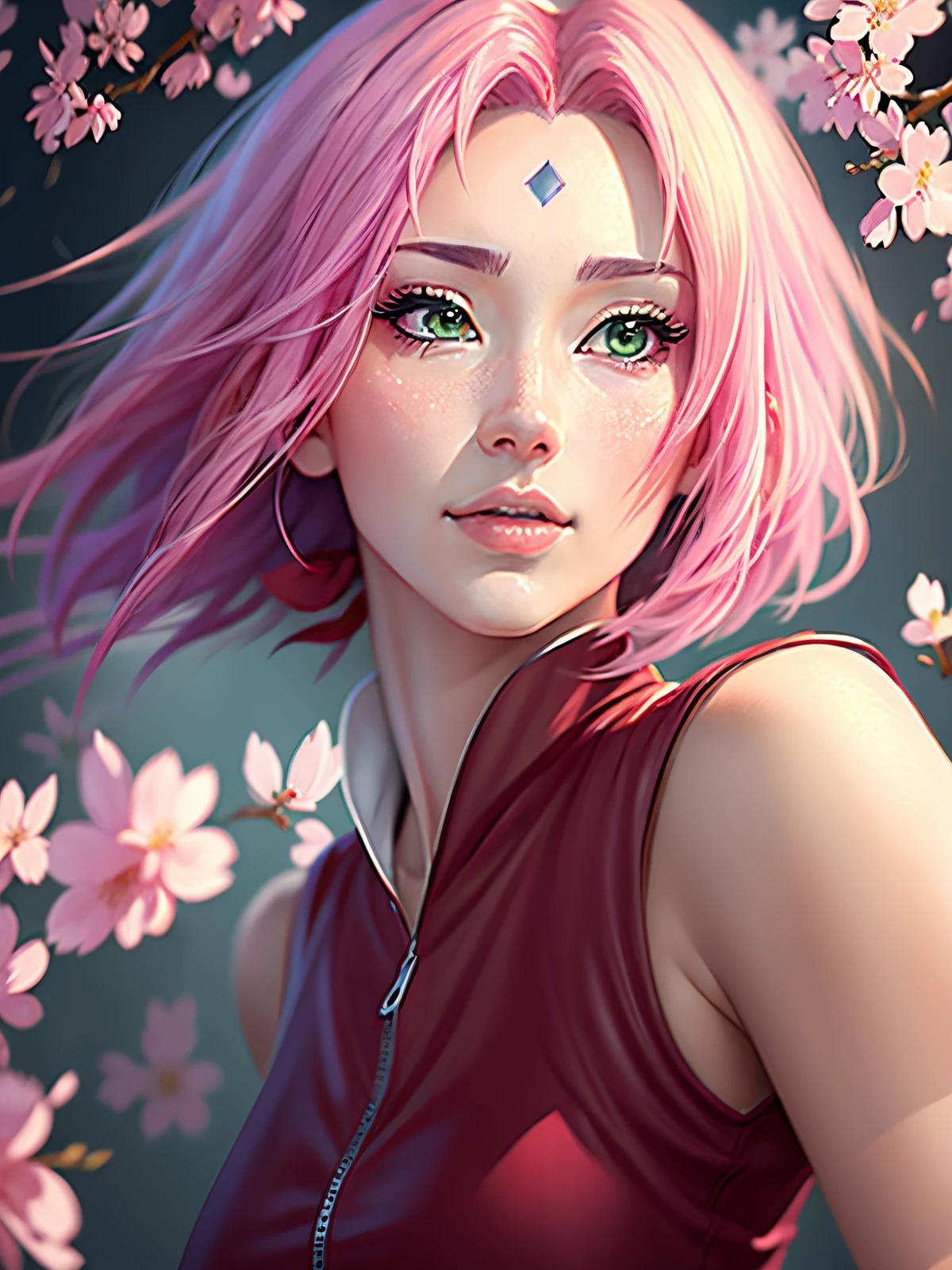 Sakura is beautiful and tall with short anime hair, super realistic and well detailed