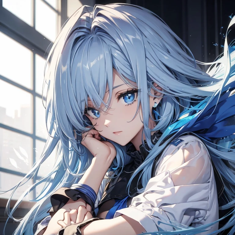 Blue and white messy hair, eBlue eyes, Weakness