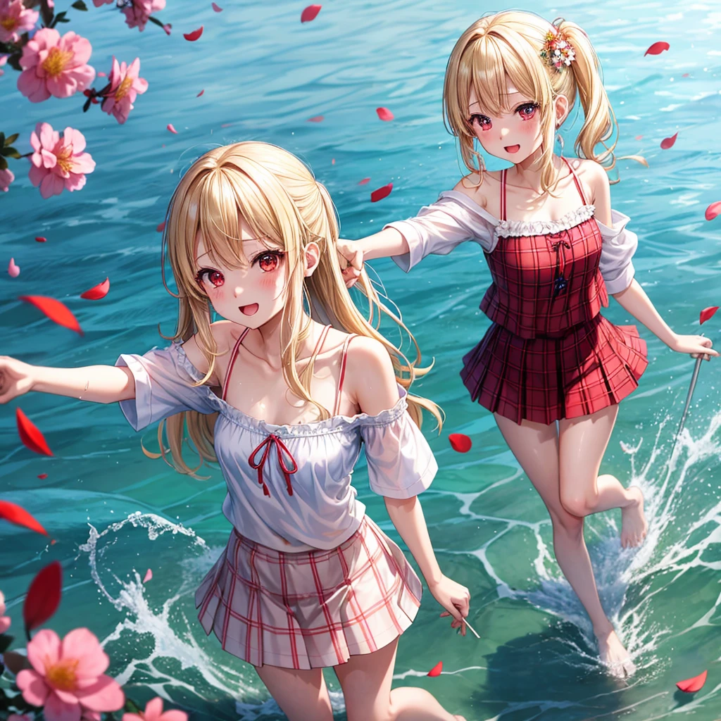 a blond、red eyes、1 pretty girl、animesque、lightly dressed、Plaid miniskirt、flower petals、bare-legged、wetting hair、Camisole-wearing、rainbows、Kick the water、tightrope walking、Yukichi Fukuzawa、blur