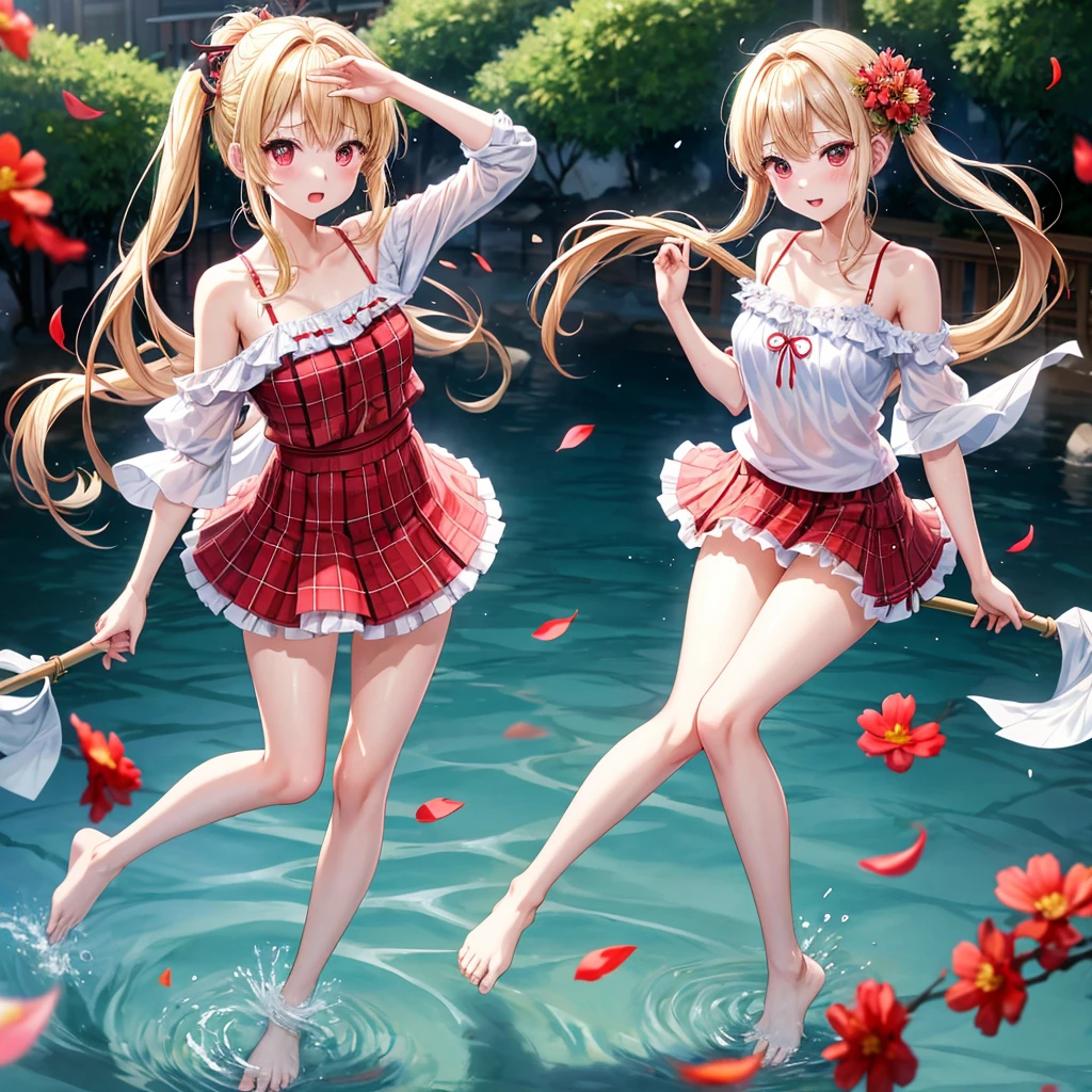 a blond、red eyes、1 pretty girl、animesque、lightly dressed、Plaid miniskirt、flower petals、bare-legged、wetting hair、Camisole-wearing、rainbows、Kick the water、tightrope walking、Yukichi Fukuzawa、blur