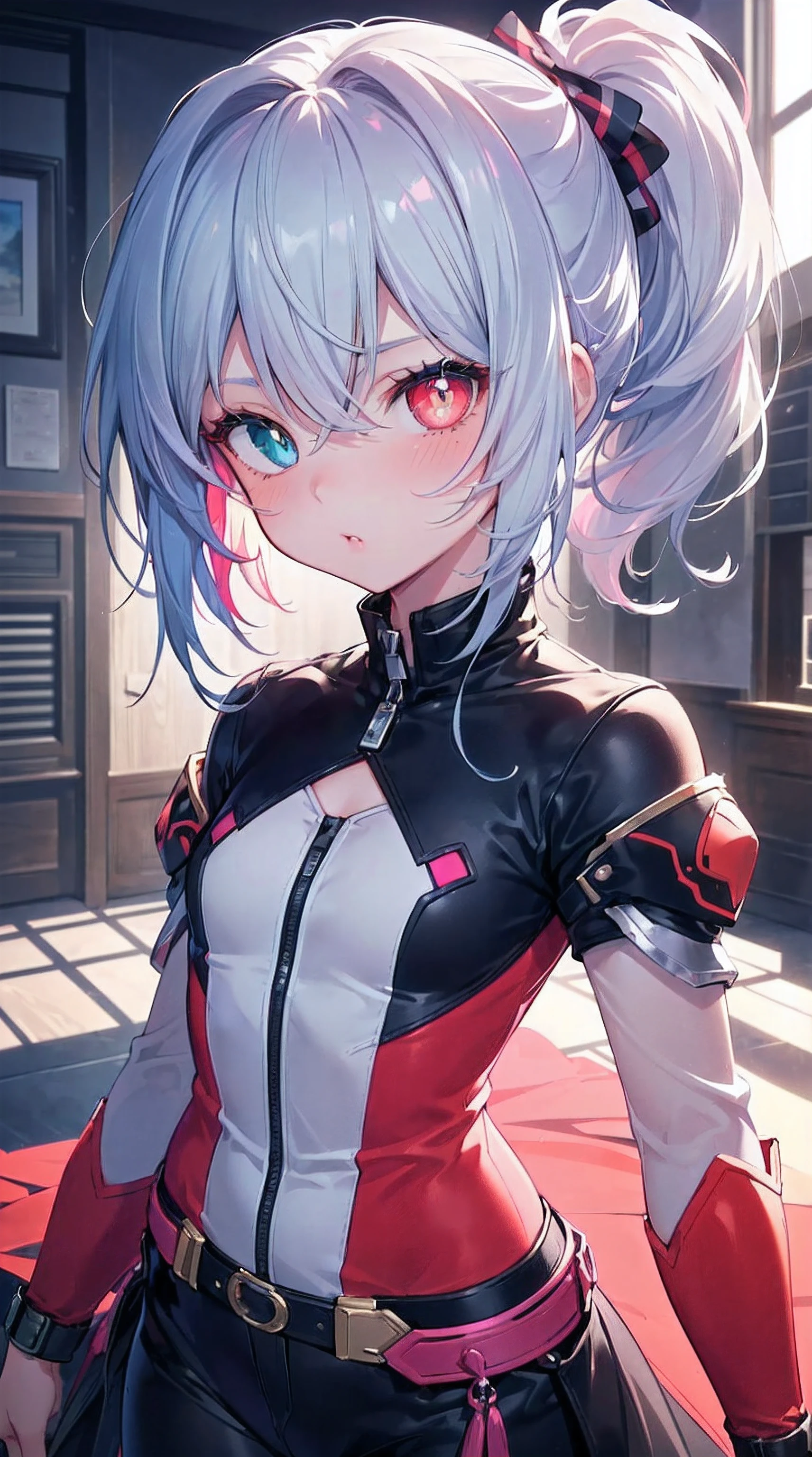 (one-girl, colorfulhair, low ponytail, vibrant eyes, Heterochromia, Colored Contact Lenses, Pouting your lips, Be red in the face, Bright pupils, Japanese cartoon, cow boy shot, hyper HD, tmasterpiece, Anatomically correct, ctextured skin, 超詳細, high detal, high qulity, Best quality at best, A high resolution, 16k)