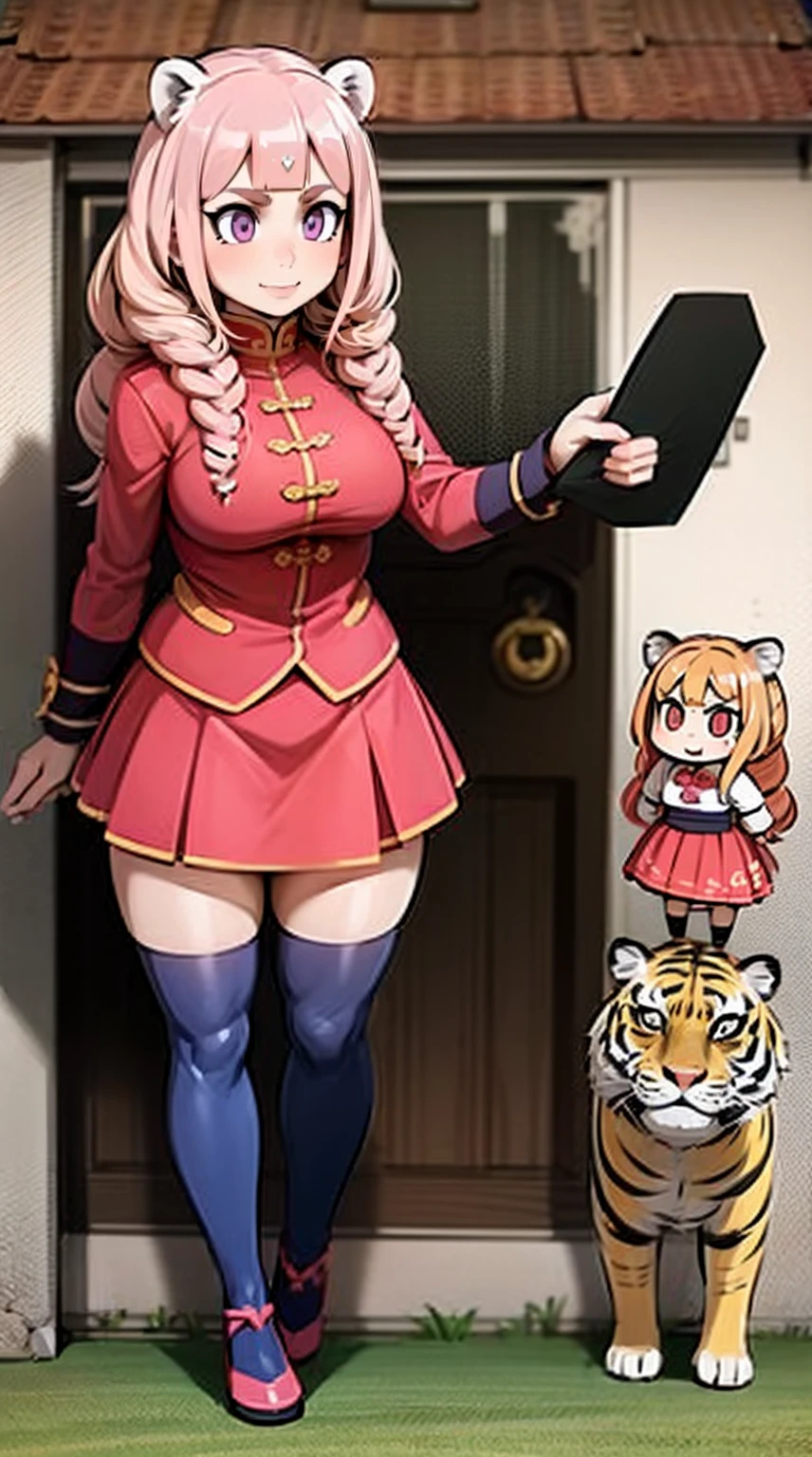 , tiger ears, tiger tails, martial art, medium chest, pink hair, skirt, jacket, godess,1girl,coat,walking, solo focus.1character, holy catholic mountain, smile, large skirt, long skirt, pullover, background ruins