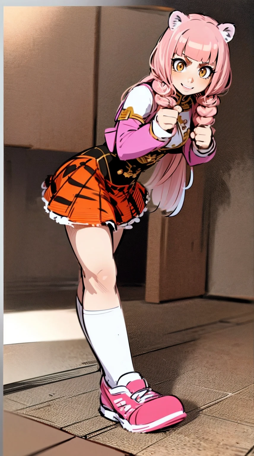 , tiger ears, tiger tails, martial art, medium chest, pink hair, skirt, jacket, godess,1girl,coat,walking, solo focus.1character, holy catholic mountain, smile, large skirt, long skirt, pullover, background ruins