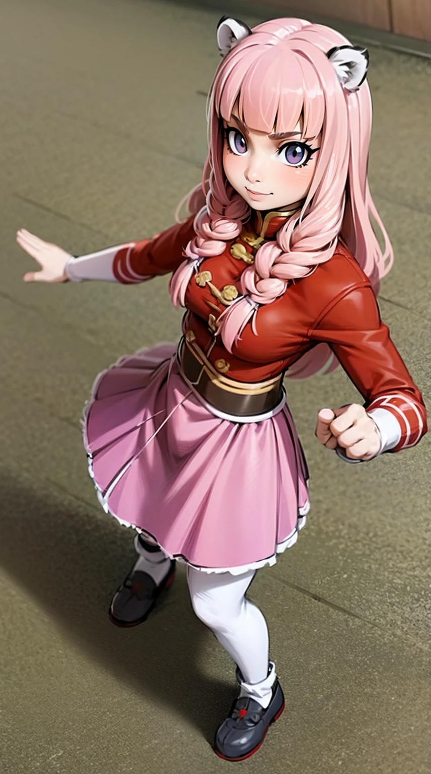 , tiger ears, tiger tails, martial art, medium chest, pink hair, skirt, jacket, godess,1girl,coat,walking, solo focus.1character, holy catholic mountain, smile, large skirt, long skirt, pullover, background ruins