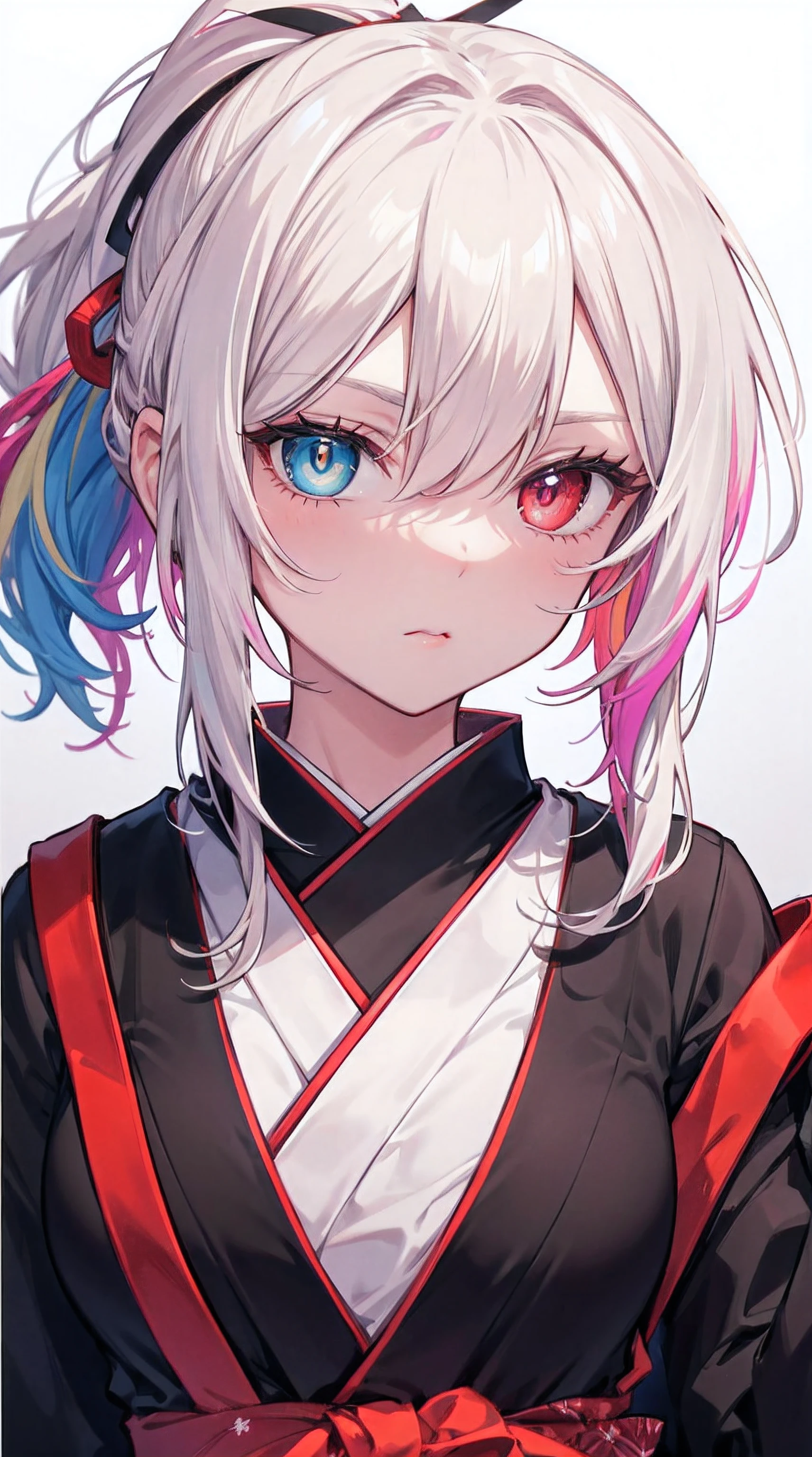 colorfulhair, low ponytail, Multicolored eyes, Heterochromia, Colored Contact Lenses, Pouting your lips, The face is red, Bright pupils, Japanese cartoons, Frontal shooting, hyper HD, tmasterpiece, Anatomically correct, ctextured skin, super detailing, high detal, high high quality, Best quality, A high resolution, 16k，CasualClothing，middlebreast，
