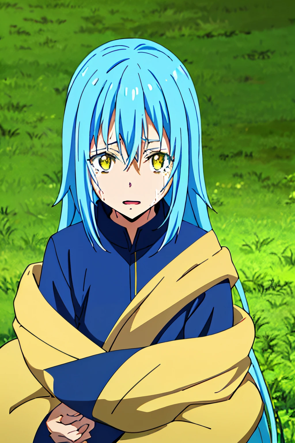 masutepiece, Best Quality, Game CG, 1boy, Solo, Male Focus, Looking at Viewer, Upper body, depth of fields, rimuru_Tempest, Blue hair, Yellow eyes, Long hair、crying how bright、