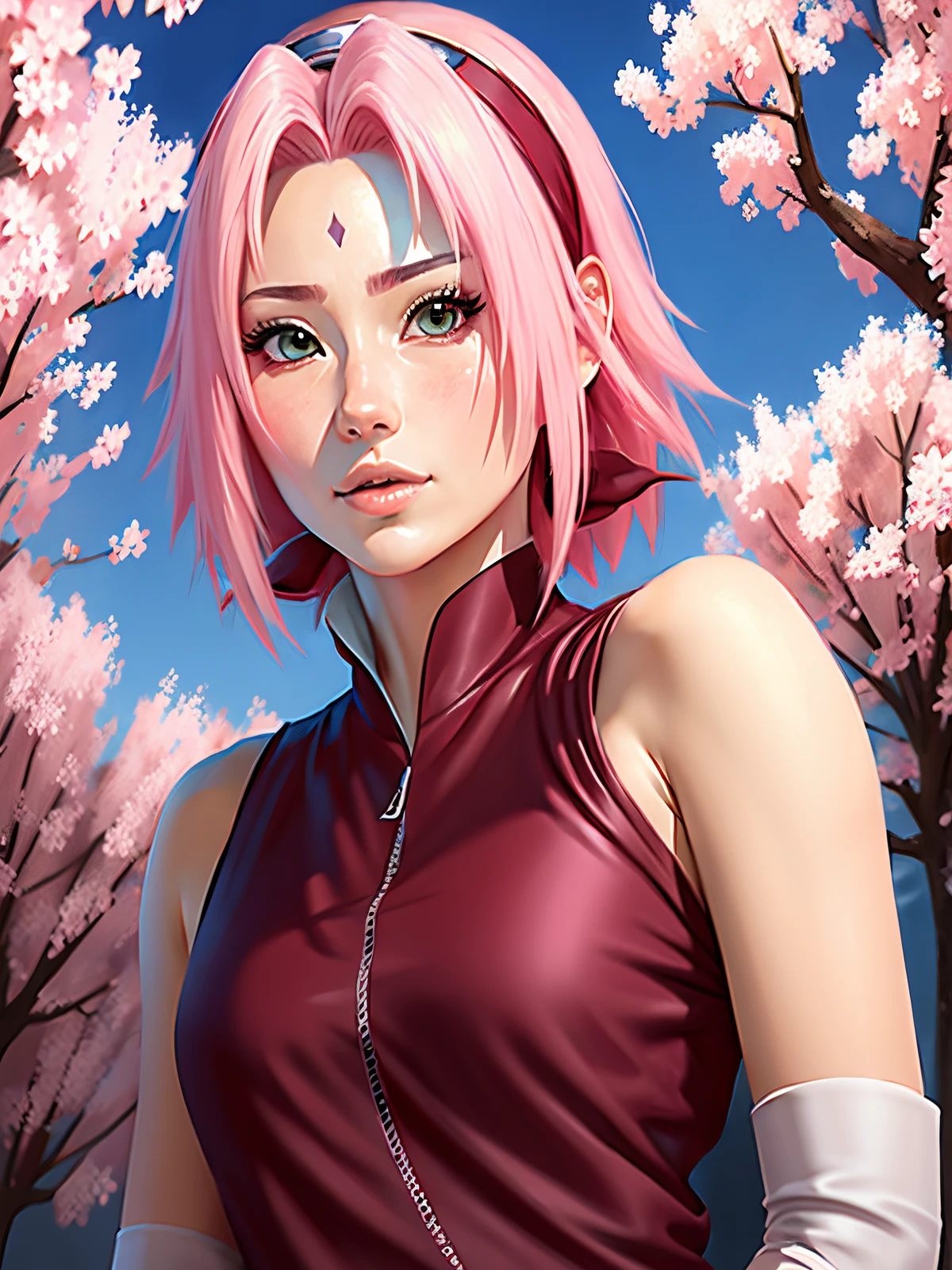 Sakura is beautiful and tall with short anime hair, super realistic and well detailed