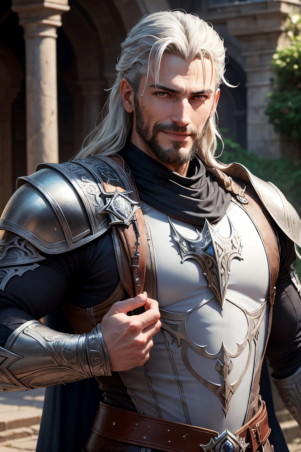 Background is the Garden, 1 men, Style argile grise,(Masterpiece, Best quality), niveaux de gris,zbxr, Castlevania Lord of the shadows muscular full moroccan Armor leather Armor , yeux blancs, Whitebeard, The smiling face narrowed his eyes, Posting, Flattering expression