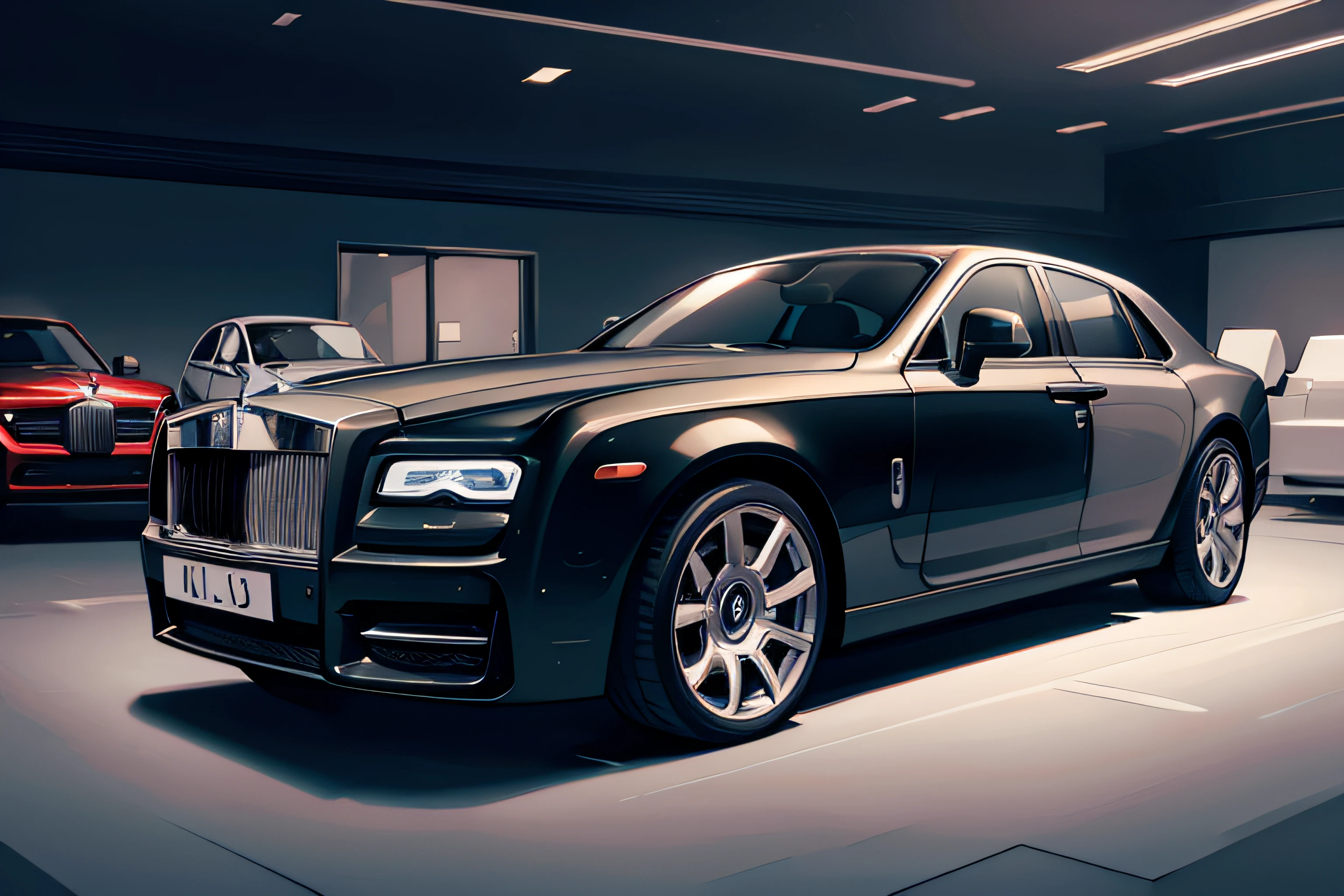 luxury garage，The lighting is dim，Rolls-Royce Phantom，Body sides，The door opened