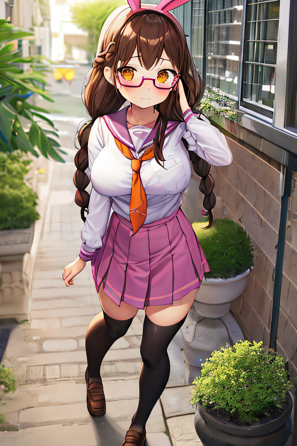 full body girl, cabello trenzado, brown hair, ojos naranjas, pechos grandes, gafas, diadema de conejito morado, Uniforme escolar rosa, un ojo cerrado, bashful, sonrojarse, avergonzado, muslos negros, zapatos negros, La mejor calidad