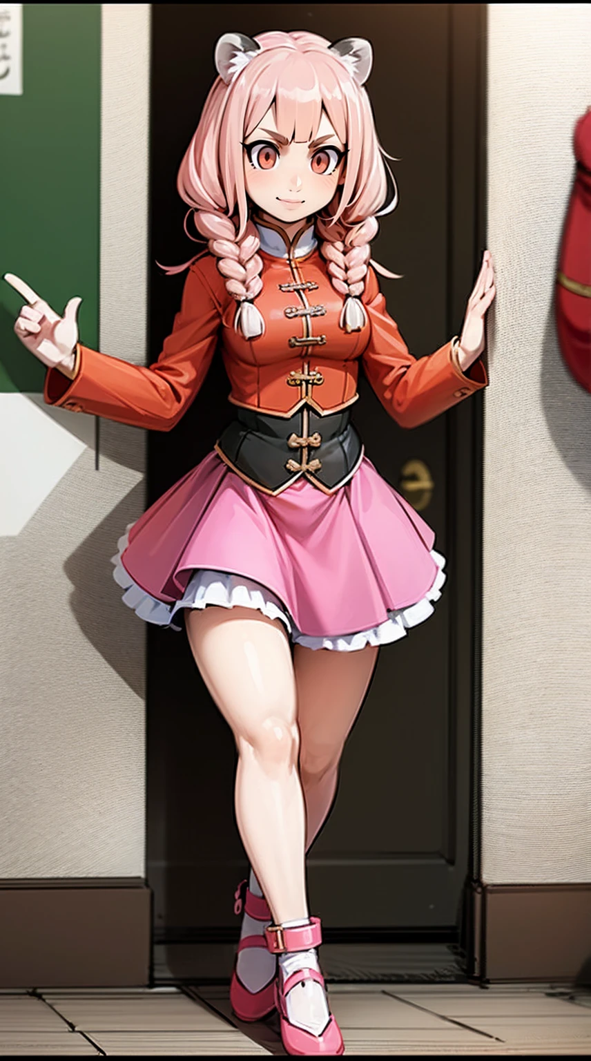 , tiger ears, tiger tails, martial art, medium chest, pink hair, skirt, jacket, godess,1girl,coat,walking, solo focus.1character, holy catholic mountain, smile, large skirt, long skirt, pullover, tunic