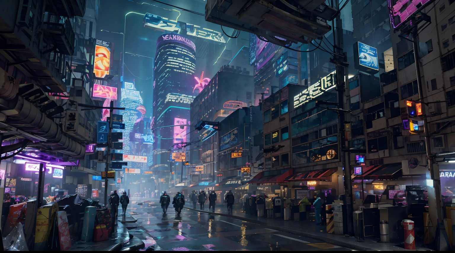 Ultra calidad, cyberpunk street with tall buildings and lighting, Lots of neon lights, carteles luminosos, Flying vehicles