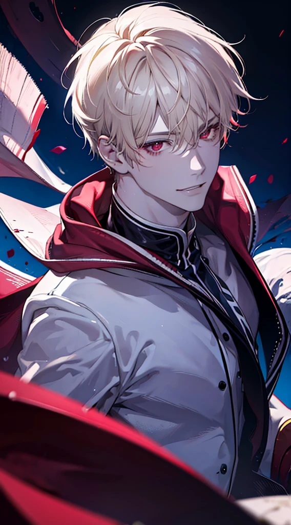 Brond hair, red eyes, (best quality, highres, ultra-detailed:1.2), realistic, studio lighting, vivid colors, 1boy, [detailed background], cool,gently smile, moonlight