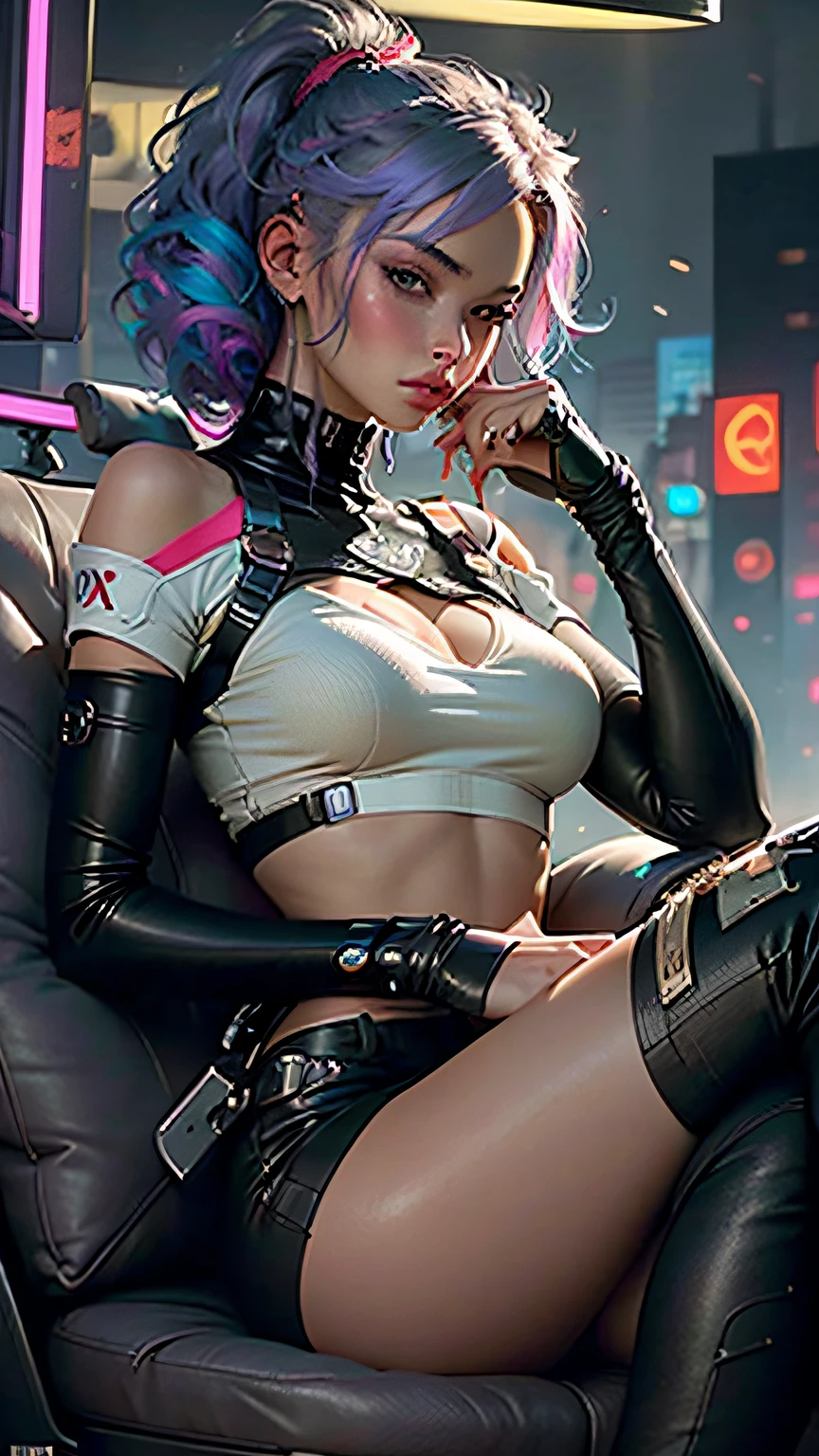 (best quality, realistic, highres, vivid colors), beautiful woman, colored hair, sitting cross-legged, sexy leather clothes, long breasts, cyberpunk style, detailed.