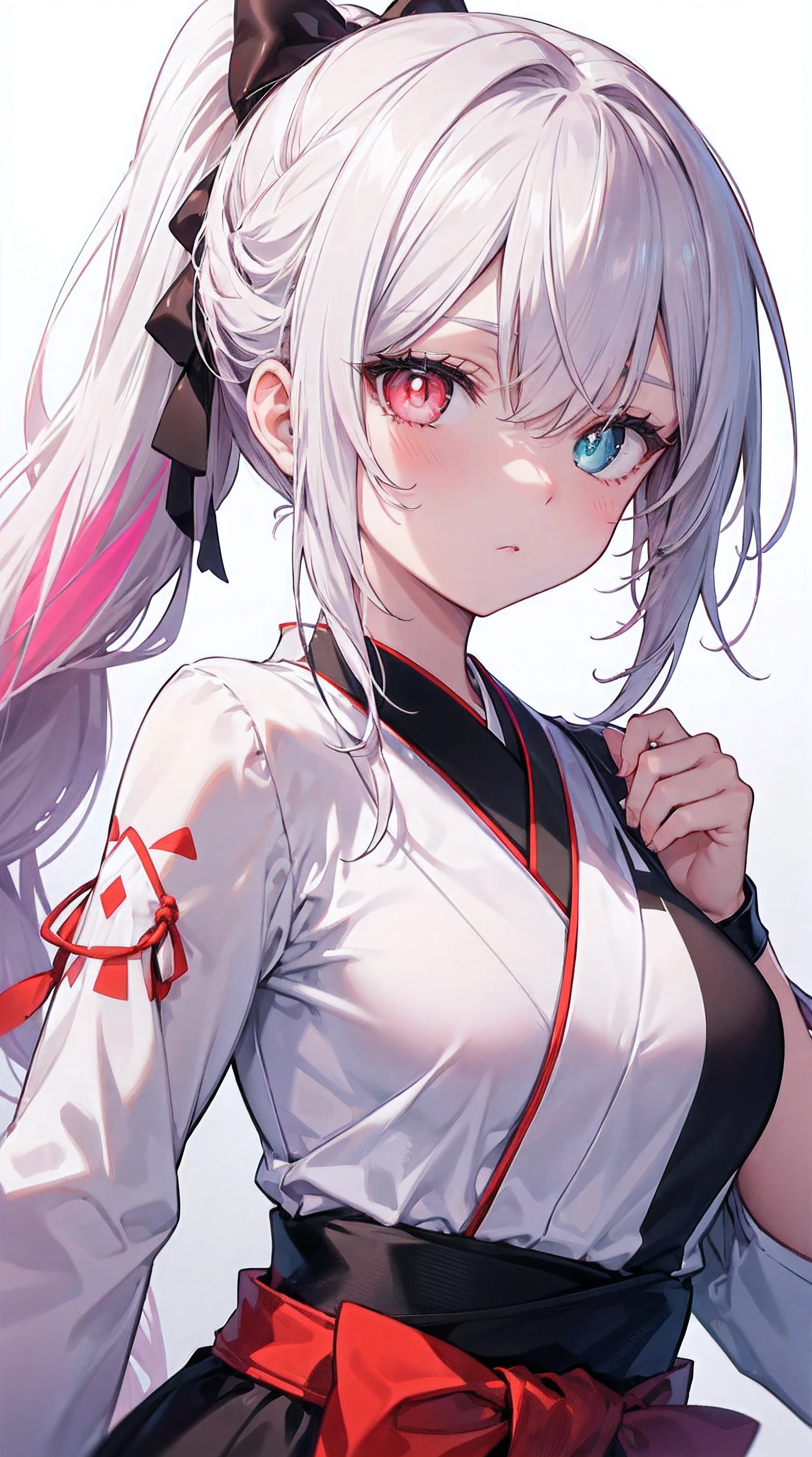 Hair color, low ponytail, Multicolored eyes, Heterochromia, Colored Contact Lenses, Pouting your lips, face flushed, Bright pupils, japanese manga, Front Shooting, hyper HD, tmasterpiece, Anatomically correct, ctextured skin, super detailing, high detal, high high quality, Best quality, A high resolution, 16k,Gorgeous costumes,middlebreast,Tsundere,face expressionless,busty figure,magicle world,a slender waist,