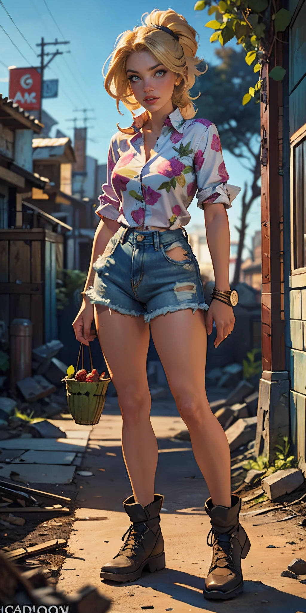 2076 year. The Urban Ruins of the Wasteland, Female huntress picking fruit in the garden, beautiful face, blonde, badly torn shirt and denim shorts ,  long legs, sweating through, sunny day, Nice warm colors, head to toe full body shot