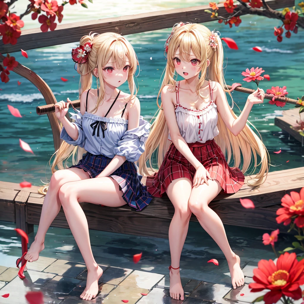 a blond、red eyes、1 pretty girl、animesque、lightly dressed、Plaid miniskirt、flower petals、bare-legged、wetting hair、Camisole-wearing、rainbows、sitting on、tightrope walking、Yukichi Fukuzawa、blur