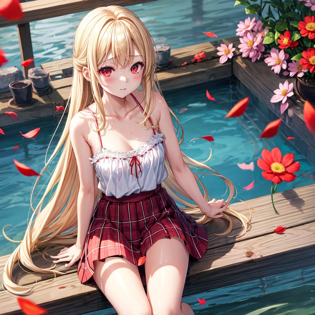 a blond、red eyes、1 pretty girl、animesque、lightly dressed、Plaid miniskirt、flower petals、bare-legged、wetting hair、Camisole-wearing、rainbows、sitting on、tightrope walking、Yukichi Fukuzawa、blur
