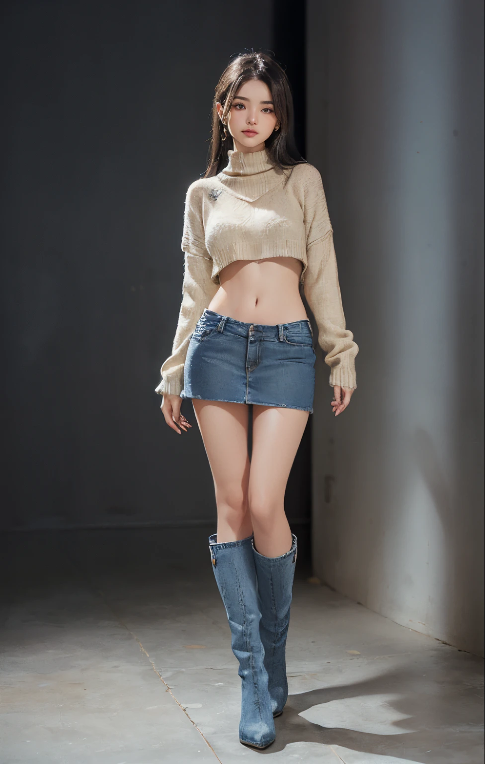 ((masuter piece:1.3)、(8K、Photorealsitic、Raw photography、top-quality: 1.4)、(1girl in)、Beautiful expression、(Lifelike face)、(A dark-haired、straight haired)、 (A dark-haired、straight haired)、 Beautiful hairstyle、realisticeyes、Beautiful details、（real looking skin）、Beautiful skins、absurderes、enticing、超A high resolution、A hyper-realistic、high-detail、the golden ratio、 ((wide open abdomen))、((open abdomen))、((wide open navel))、((open navel))、((Bare belly))、((Mid-Riff Sweater))、((Mid-Riff Sweater))、((Ultra-low rise、Denim Mini Skirt))、((Ultra-low rise、Denim Mini Skirt))、((Ultra-low rise、Denim Mini Skirt))、 ((Navel Ejection))、((small hips))、((small  hip))、(long boots)、((Ultra-low rise))、((Ultra-low rise))、((Denim Mini Skirt))、、((Full body depiction))、((is standing))、 ((wide open abdomen))、((open abdomen))、((wide open navel))、((open navel))、((Bare belly))、((Mid-Riff Sweater))、((Ultra-low rise、Denim Mini Skirt))、 ((Navel Ejection))、((small hips))、((small  hip))、(long boots)、((Ultra-low rise))、((Ultra-low rise))、((Ultra-low rise))、((Denim Mini Skirt))、 ((wide open abdomen))、((open abdomen))、((wide open navel))、((open navel))、((Bare belly))、((Mid-Riff Sweater))、((Ultra-low rise、Denim Mini Skirt))、、((Full body depiction))、((is standing))