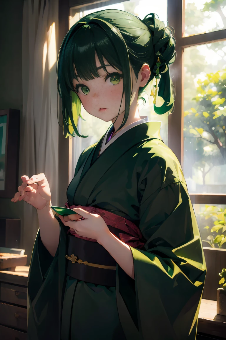 (((Green world:1.3)))、Best Quality, masutepiece, High resolution, (((1girl in))), sixteen years old,(((Eyes are green:1.3)))、Green kimono、((Dark green kimono)), Tindall Effect, Realistic, Shadow Studio,Ultramarine Lighting, dual-tone lighting, (High Detail Skins: 1.2)、Pale colored lighting、Dark lighting、 Digital SLR, Photo, High resolution, 4K, 8K, Background blur,Fade out beautifully、Green world