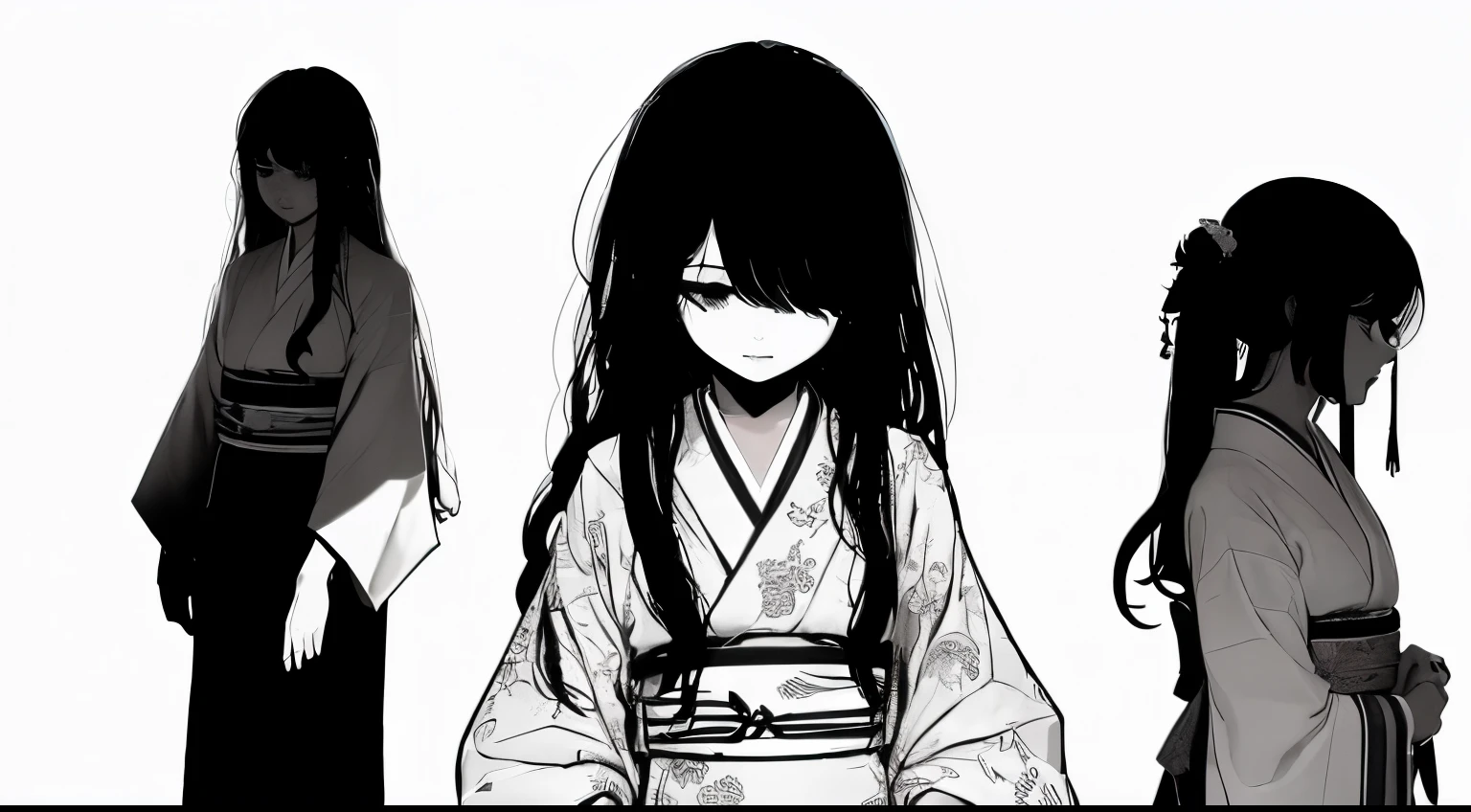 (a very delicate and beautiful)、White kimono、(Maniacal)、The human、Gamine、Disgusting、canny、terrifying、独奏、(silhuette)、(、dark backgrounds、Black figure、(silhuette)、skinny body、The long-haired、Hollow parts、Black、