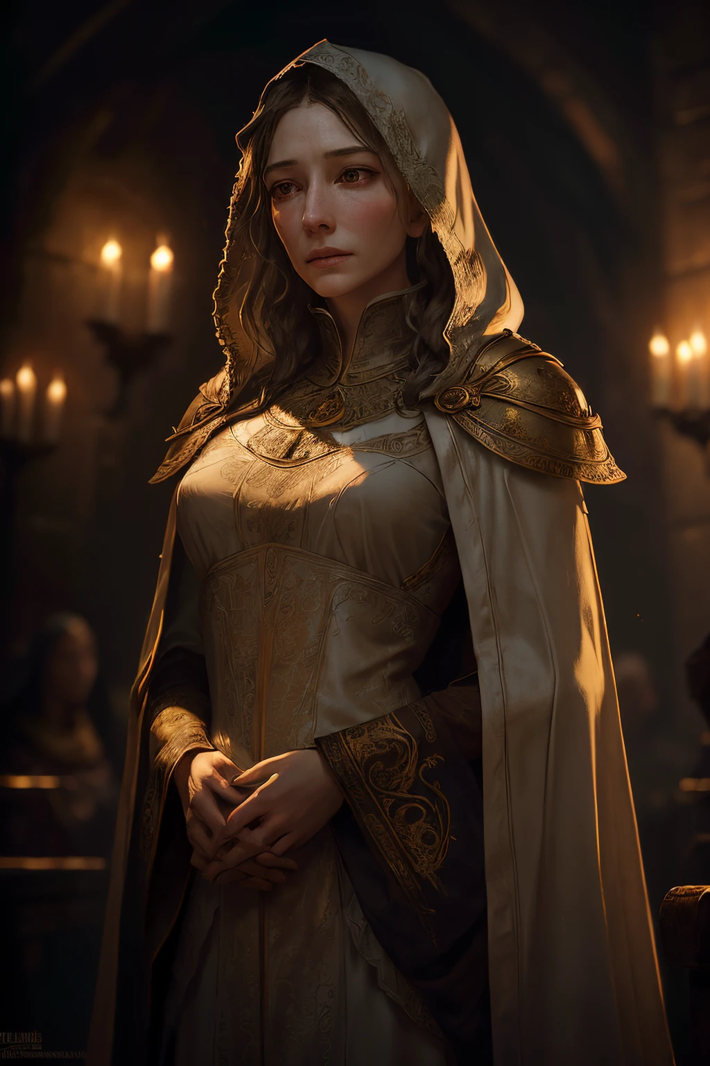 (best quality, masterpiece:1.2), ultra-detailed, (realistic, photo-realistic:1.37), Attire: A flowing white robe with faded golden embroideries, a tarnished Lathanderite holy symbol, and a hooded cloak of dawn-colored fabric. Physical Features: Pale Elf greatly resembling Cate Blanchett, Ashen, unkempt hair, once golden; a face reflecting both beauty and sorrow; an ethereal dimness replacing her former divine glow. Eyes: Distant, haunted gaze with a glint of both hope and despair, capturing the internal struggle between past faith and encroaching darkness. Posture: Graceful yet weary movements, conveying the burden of her past and the shadows threatening to consume her. Voice: Soft and soothing, carrying echoes of past prayers, overlaid with an undertone of sorrow.  Set in a dimly lit medieval tavern. full body pictures, photorealistic style, horror, photorealistic, 4k, 8k