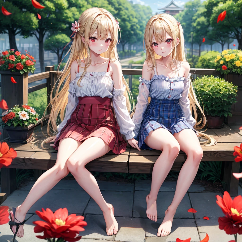a blond、red eyes、1 pretty girl、animesque、lightly dressed、Plaid miniskirt、flower petals、bare-legged、wetting hair、Camisole-wearing、rainbows、sitting on、tightrope walking、Yukichi Fukuzawa、blur、Kumiki