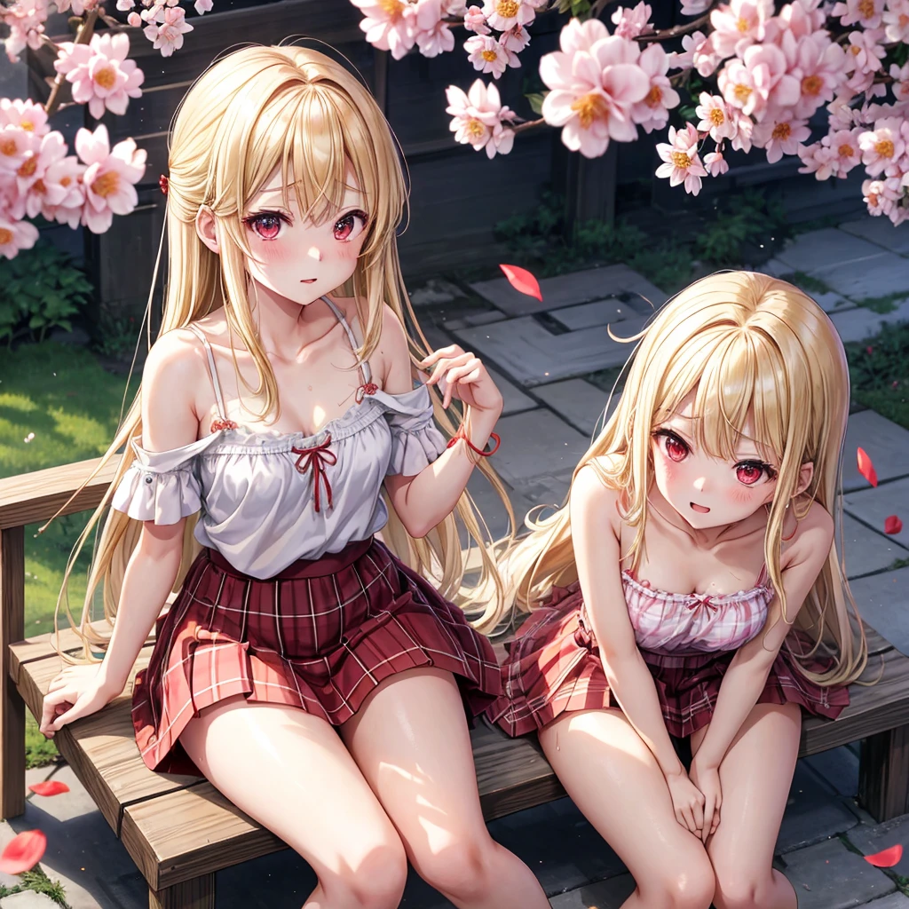 a blond、red eyes、1 pretty girl、animesque、lightly dressed、Plaid miniskirt、flower petals、bare-legged、wetting hair、Camisole-wearing、rainbows、sitting on、tightrope walking、Yukichi Fukuzawa、blur、Kumiki