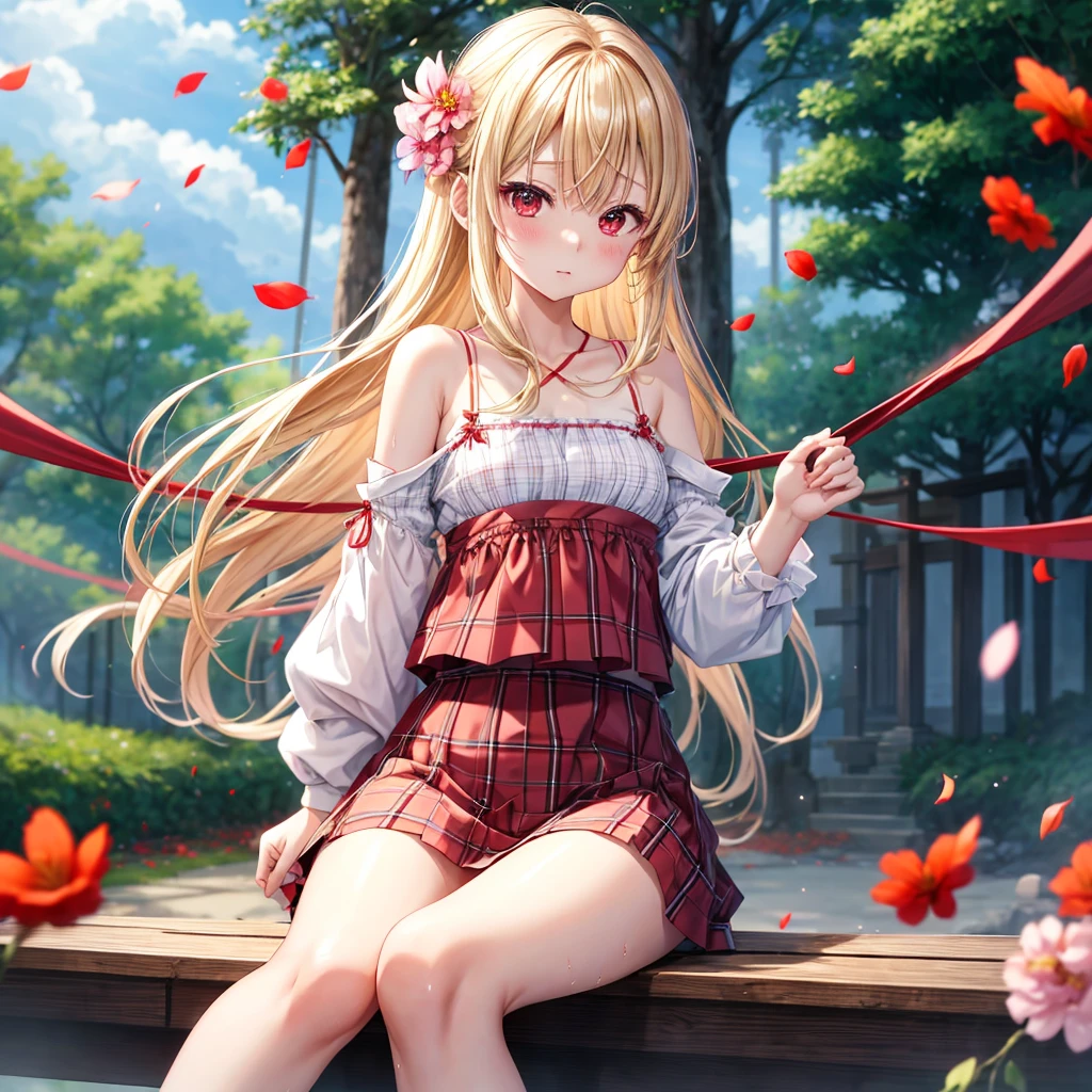 a blond、red eyes、1 pretty girl、animesque、lightly dressed、Plaid miniskirt、flower petals、bare-legged、wetting hair、Camisole-wearing、rainbows、sitting on、tightrope walking、Yukichi Fukuzawa、blur、Kumiki