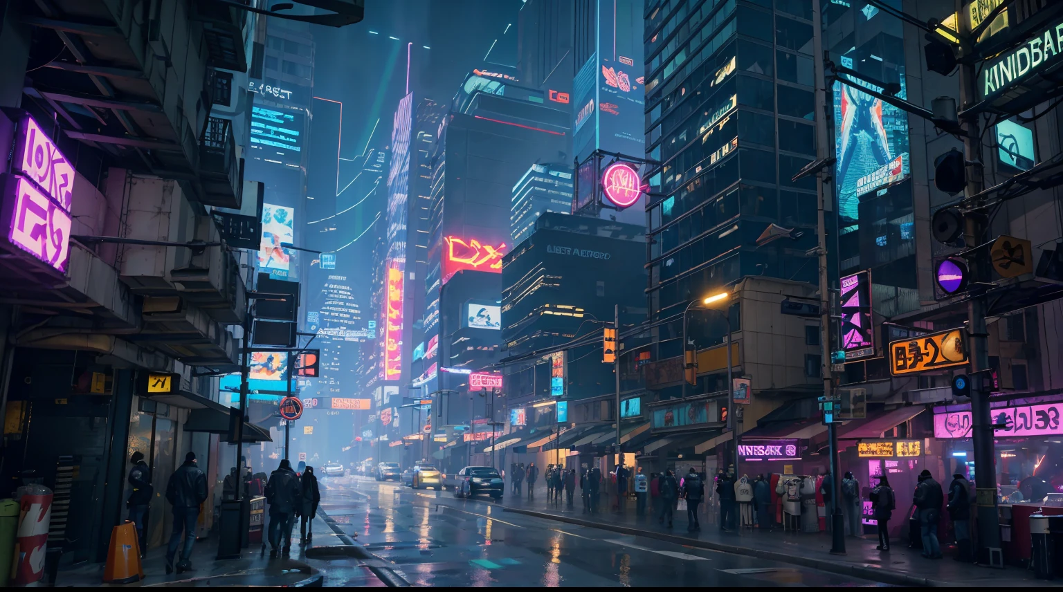 Ultra calidad, cyberpunk street with tall buildings and lighting, Lots of neon lights, carteles luminosos, Flying vehicles
