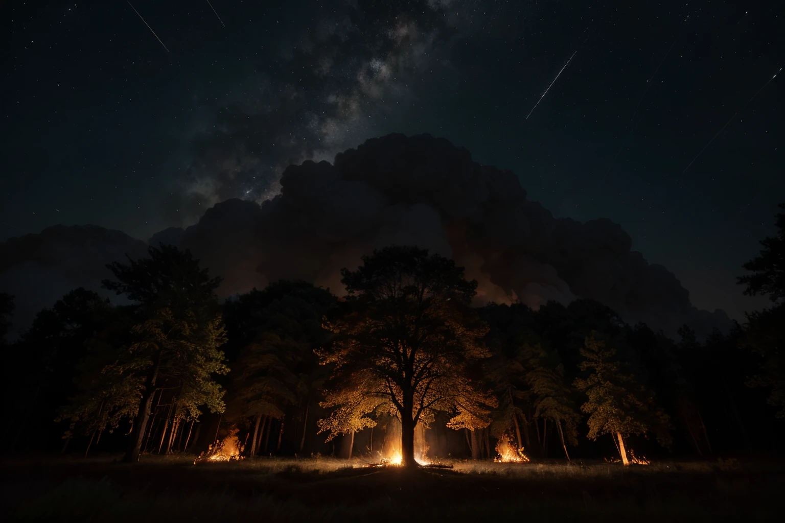 A high-definition, photorealistic scene of a meteor shower illuminating an ancient, sprawling forest, with some trees on fire. The scene captures the meteors' trails in extreme detail against a clear night sky. Each meteor leaves a bright, fiery trail, and the fire on the trees is depicted with high precision, showing the flames licking the bark and branches. The ancient trees, both ablaze and unscathed, are silhouetted against the sky, creating a dramatic contrast.
