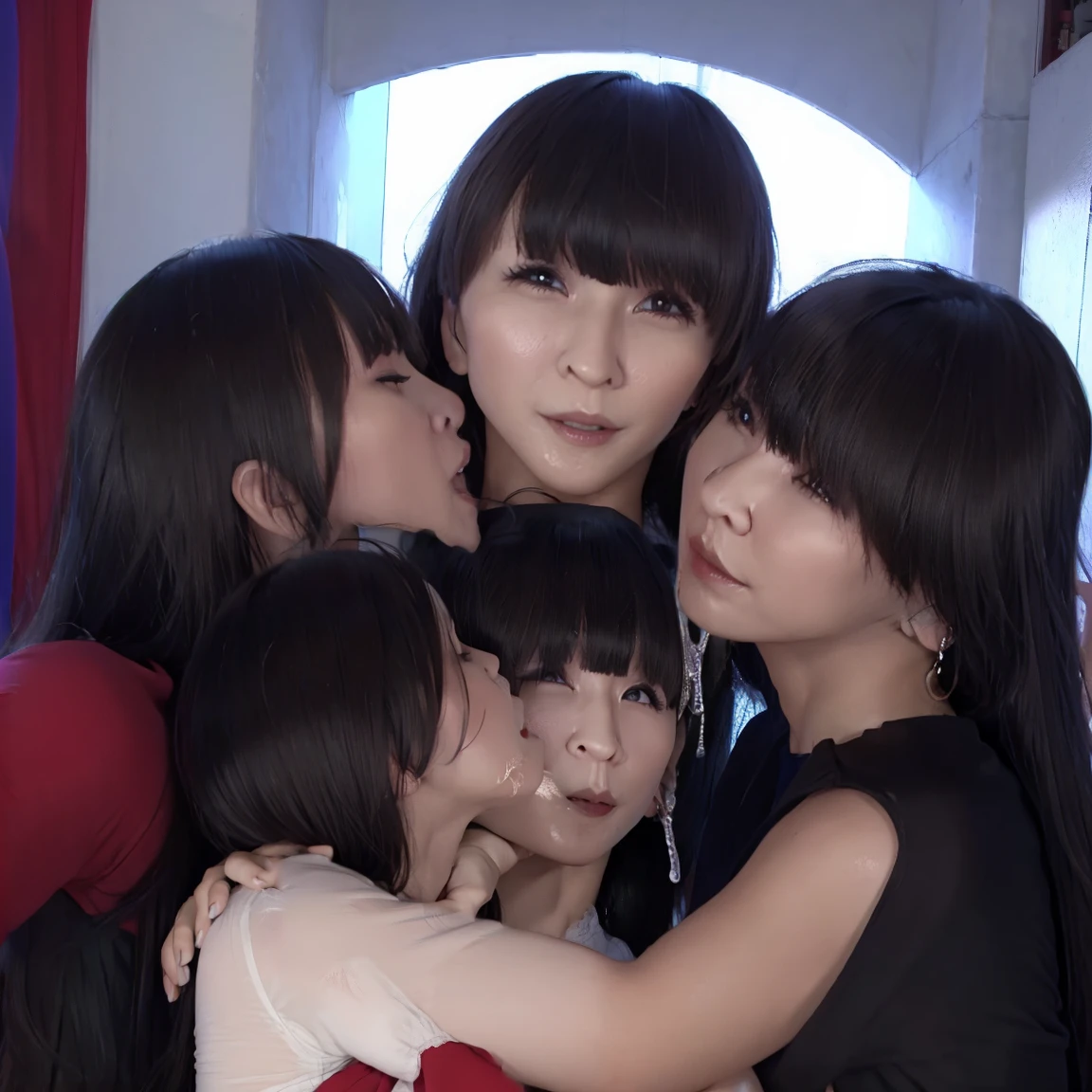 Raw photo、5girls,full bodyesbian、Five women suck each other's breasts with their eyes open and lots of saliva dripping down、The same face、Long black hair,chiquita、(orgasm face:1.4)、same person、(Face covered with saliva)、(Body covered with saliva)、lesbian orgy