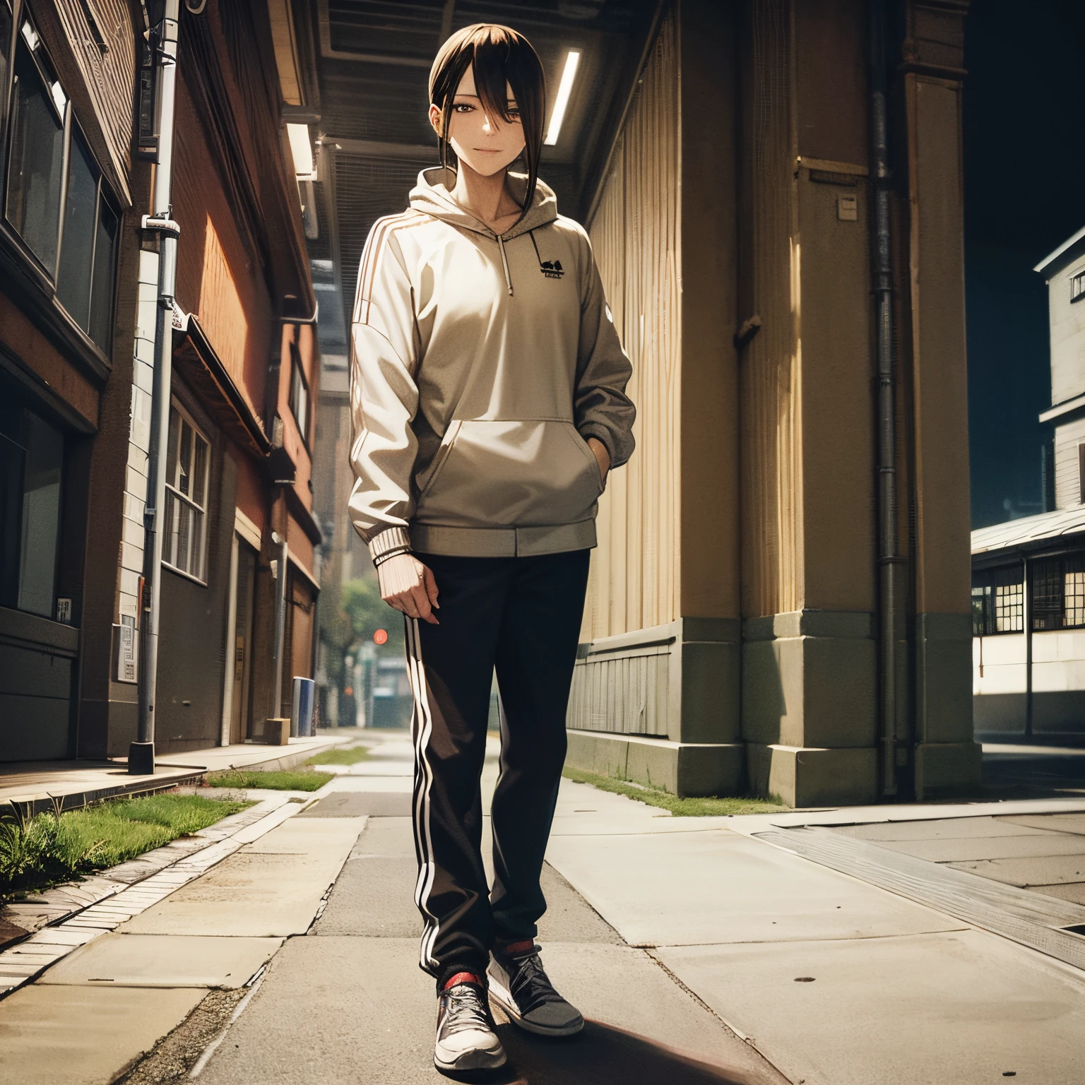 Chainsaw man reze, casual outfit slavic adidas tracksuit, smiling, small breasts, urban slavic scenery, russia