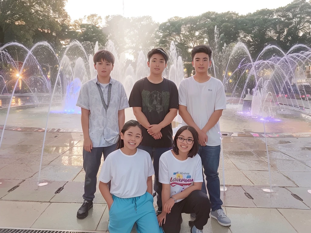 there are four people standing in front of a fountain, taken with the best dlsr camera, by Cherryl Fountain, photo taken in 2 0 2 0, taken at golden hour, taken with sony alpha 9, nostalgic 8k, non blurry, with wet faces!!, group photo, ssao 8 k, competition winning, family photo, end of an era