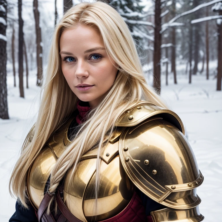 Photo Quality、Beautiful 35 year old scandinavian woman、Golden head hair、Tied hair、Knight Armor、A warrior、Winter outdoor、