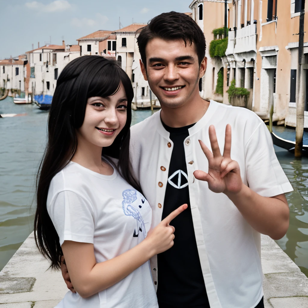 In the Grand Canal, there is a pair. The dude has an anime girl face on his white shirt. He made a peace sign with both hands. His girlfriend is standing next to him, dressed in black with a "lacasa de papel" pattern. They both seem happy. 3d image