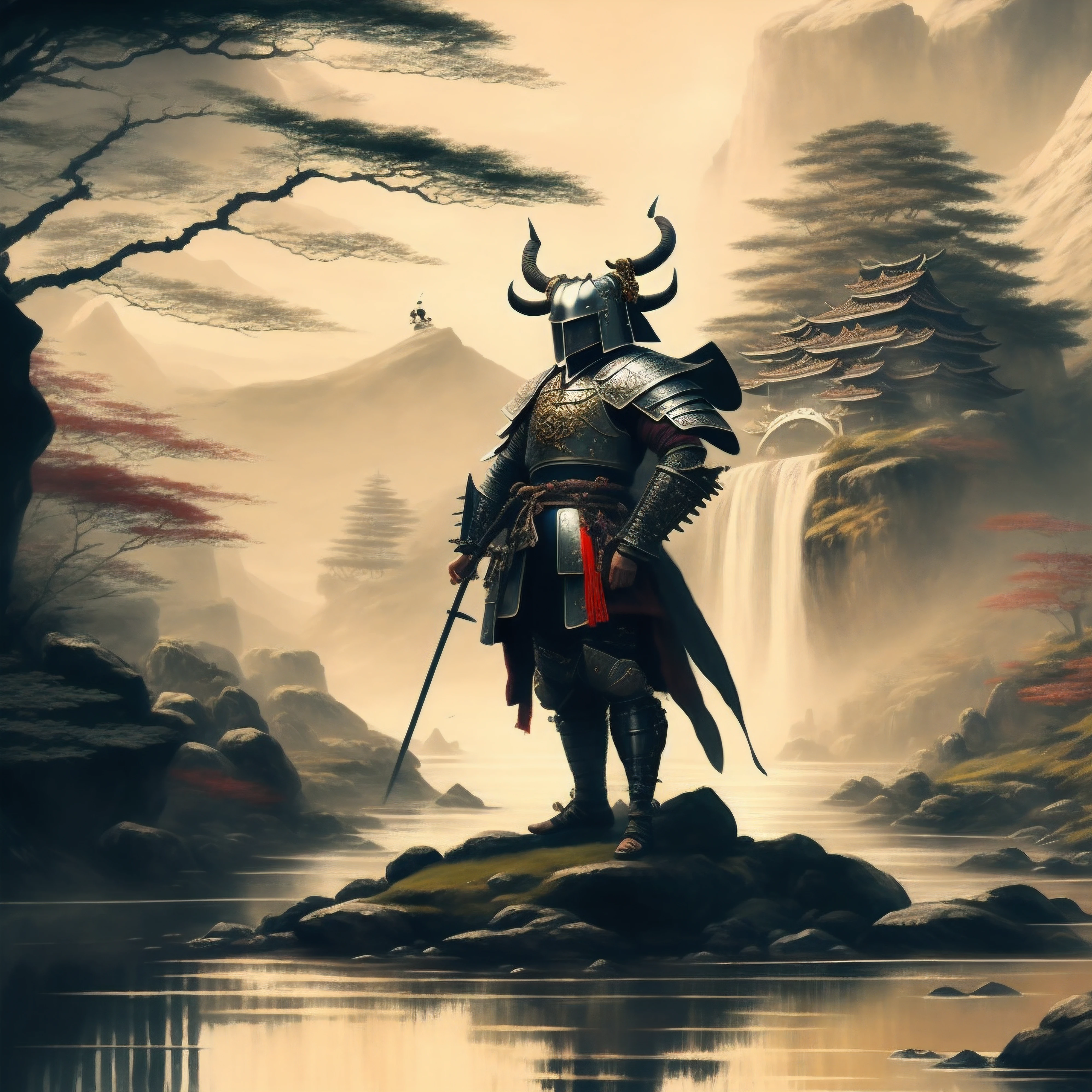 Painting of a man in armor standing on a rock near a river, black bull samurai, concept art wallpaper 4k, feudal japan art, inspired by Kanō Hōgai, moon bull samurai, samurai warrior, Samurai style, 4K fantasy art, epic samurai warrrior, dressed in samurai armour, Samurai, demon samurai warrior, ancient japanese samurai