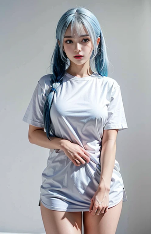 (best quality, masterpiece), 1girl, (female focus), ahoge, white blue hair, ((white shirt), (overfit shrit)), long hair, standing, twintails, [[mild heterochromia]], white background