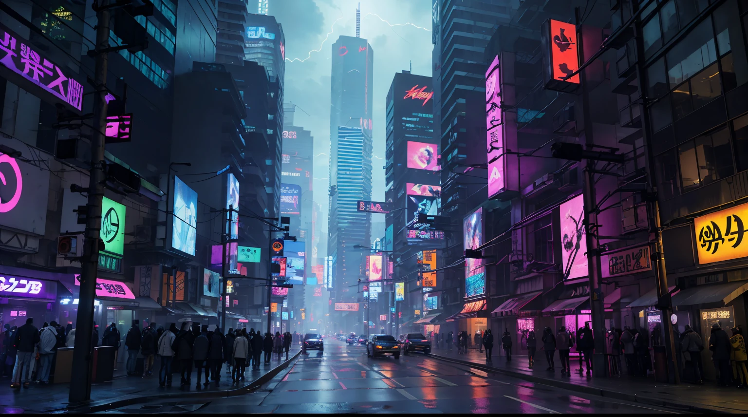 Ultra calidad, Neo Tokio, cyberpunk street with tall buildings and lighting, Lots of neon lights, carteles luminosos, Flying vehicles
